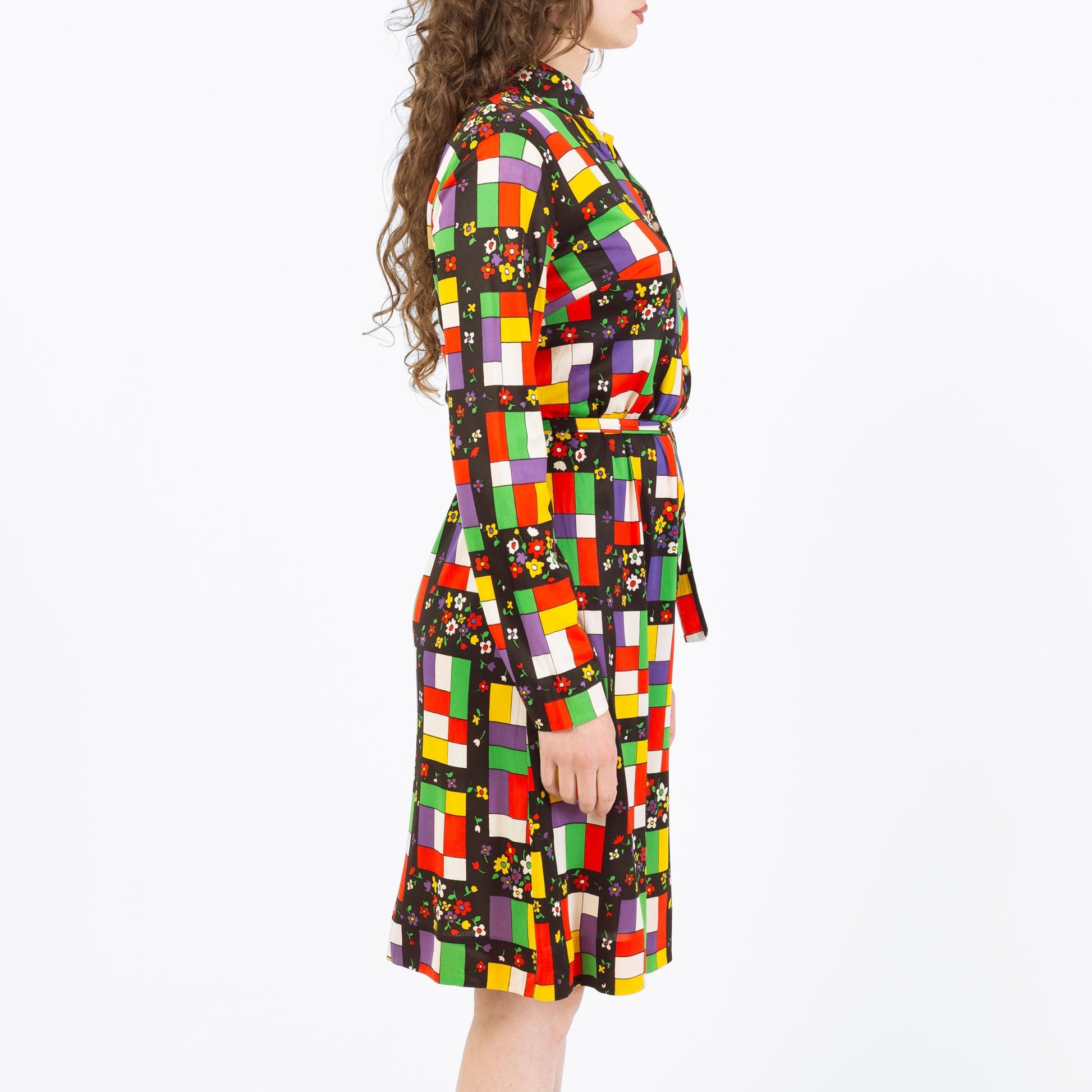 Vintage 70s Mondrian Stained Glass & Floral Print Shirtdress - Large | Long Sleeve Belted Knee Length Dress