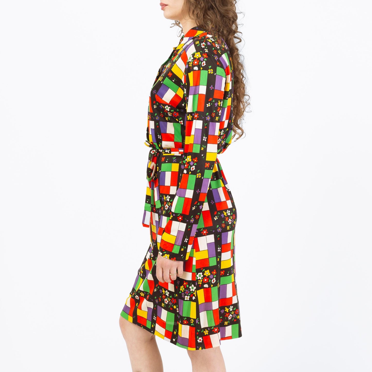 Vintage 70s Mondrian Stained Glass & Floral Print Shirtdress - Large | Long Sleeve Belted Knee Length Dress