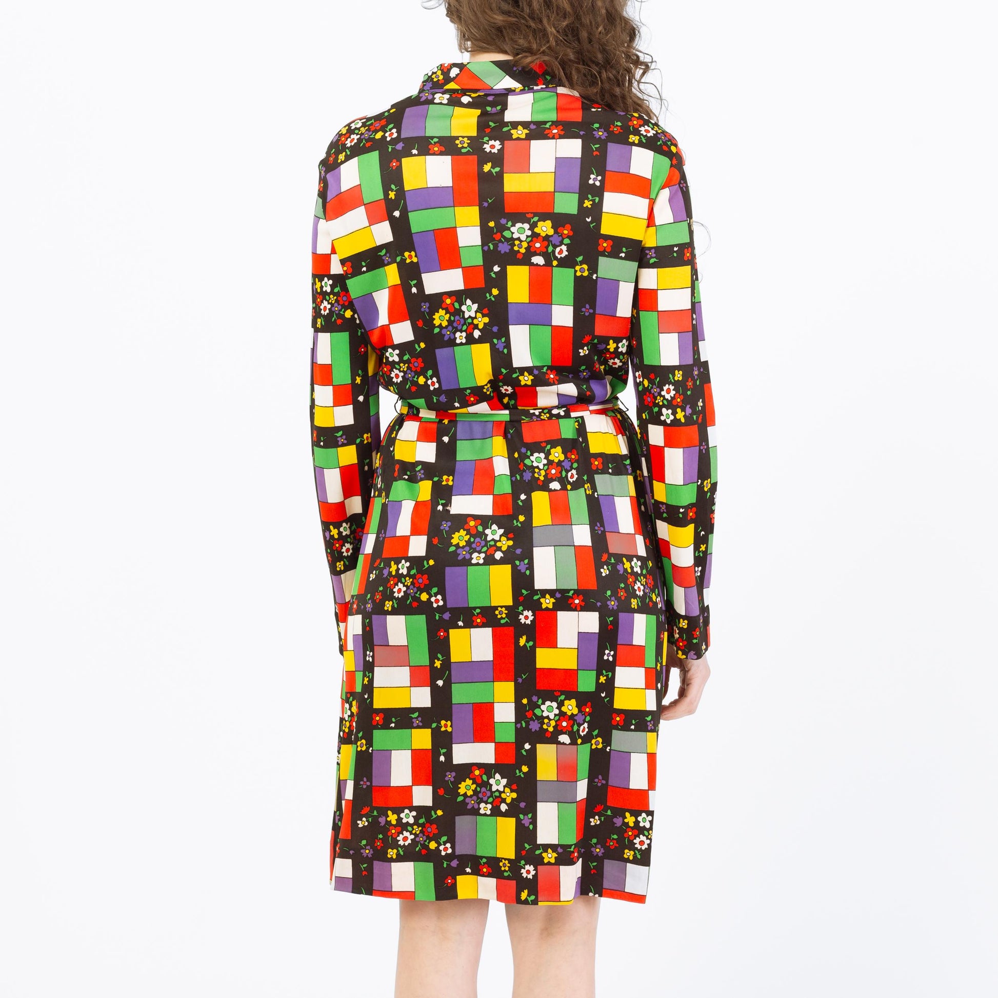 Vintage 70s Mondrian Stained Glass & Floral Print Shirtdress - Large | Long Sleeve Belted Knee Length Dress