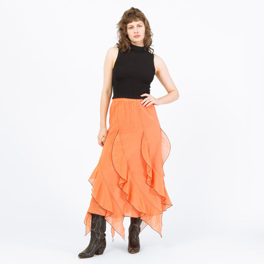 Vintage 90s Y2K Orange Jellyfish Maxi Skirt - Medium | Boho Asymmetrical Scarf Hem Fairy Skirt