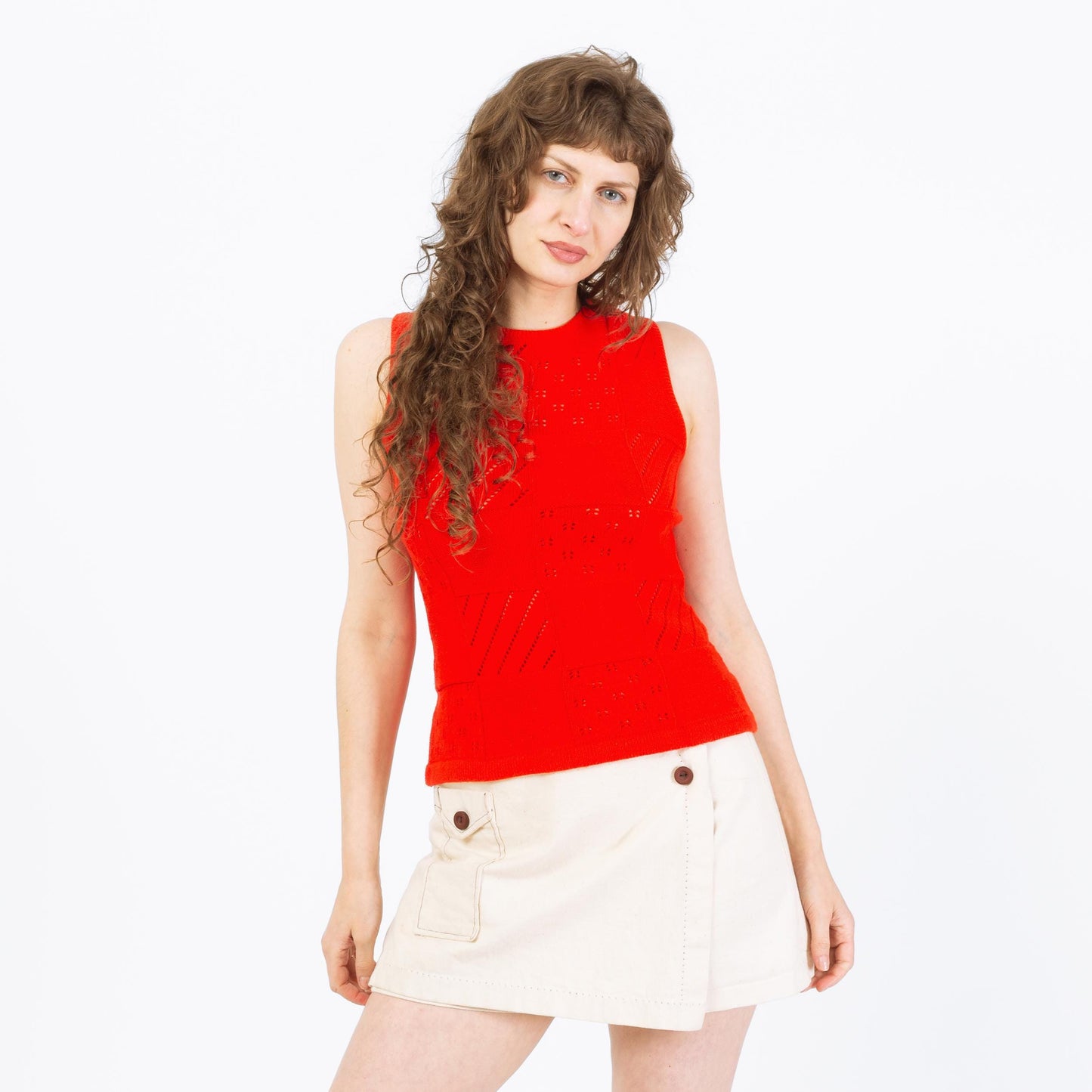 Vintage 70s Red Eyelet Patchwork Knit Tank - Small to Medium | Retro Sleeveless Sweater Top