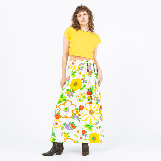 Vintage 70s White Cartoon Floral Maxi Skirt - Medium | Boho Long Summer Skirt
