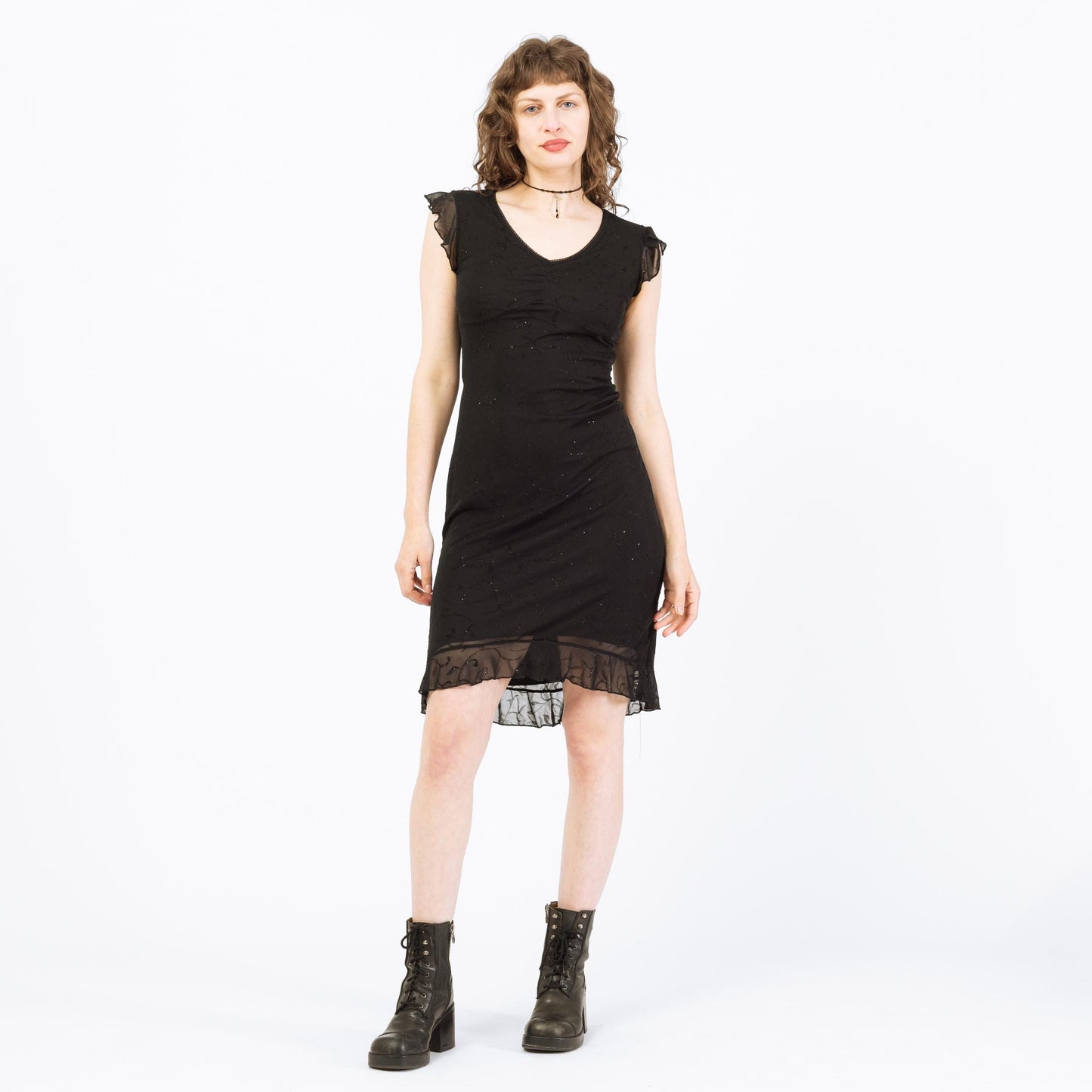 Vintage 90s Black Flocked Sparkle Party Dress - Small | Flutter Sleeve High Low Mini Dress