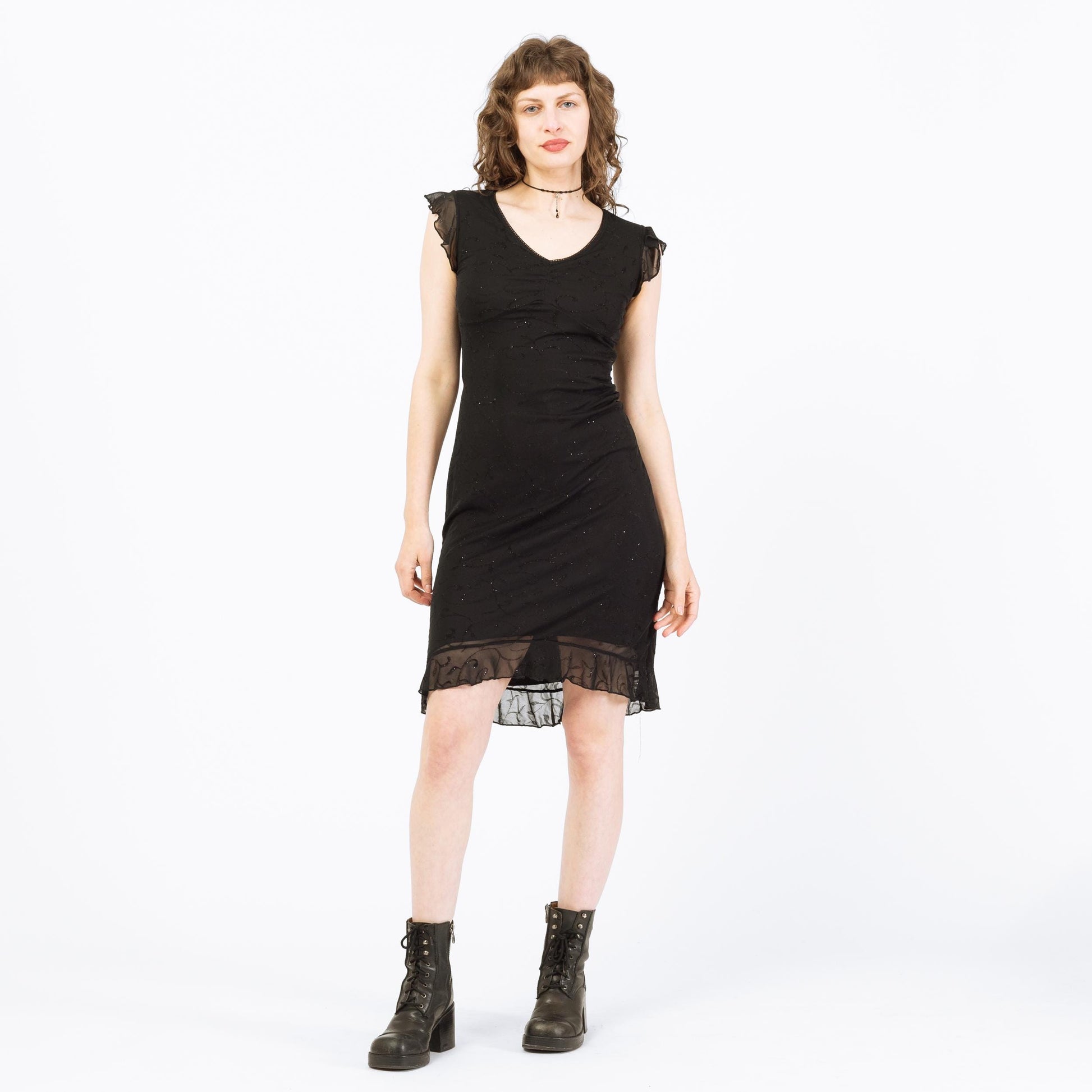 Vintage 90s Black Flocked Sparkle Party Dress - Small | Flutter Sleeve High Low Mini Dress
