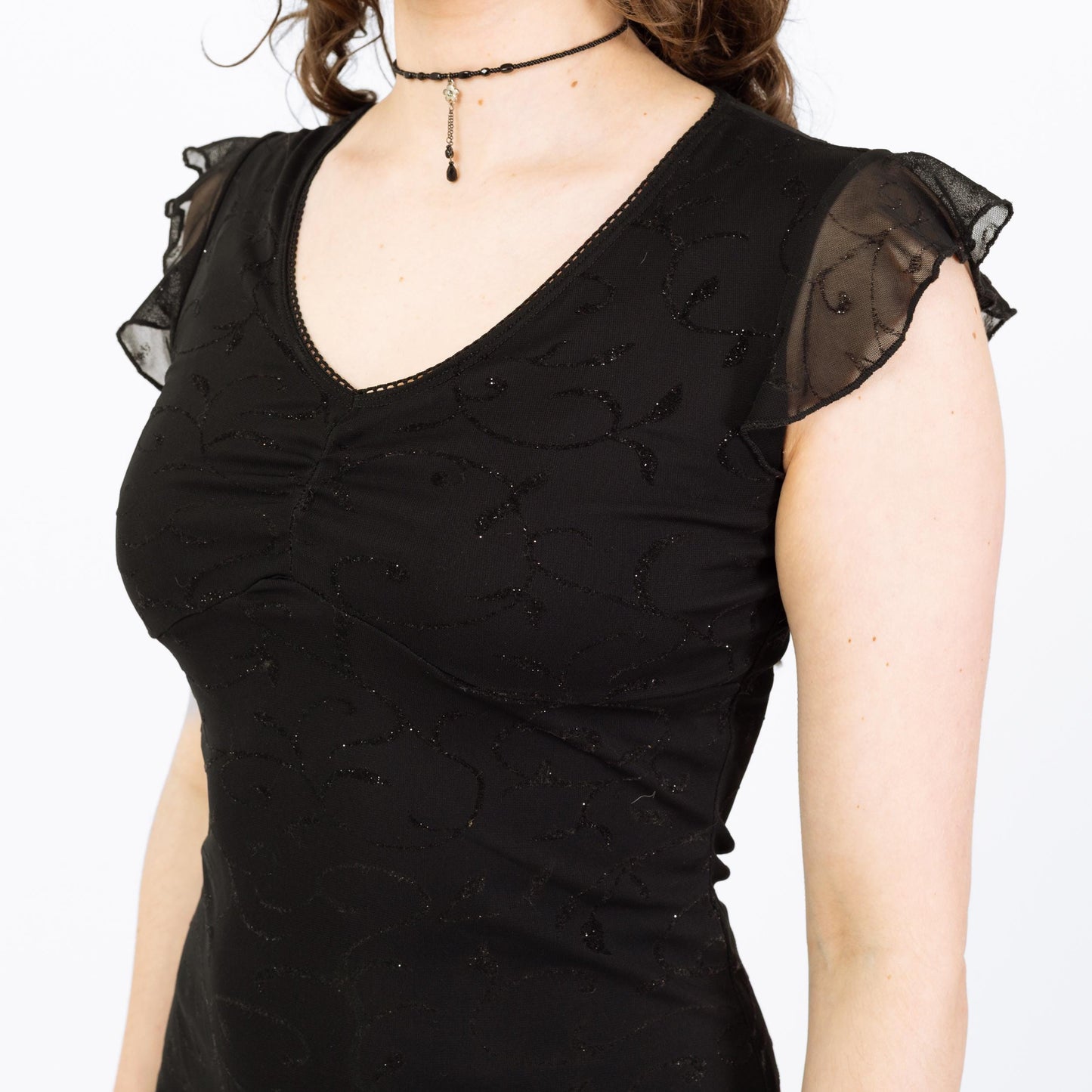 Vintage 90s Black Flocked Sparkle Party Dress - Small | Flutter Sleeve High Low Mini Dress