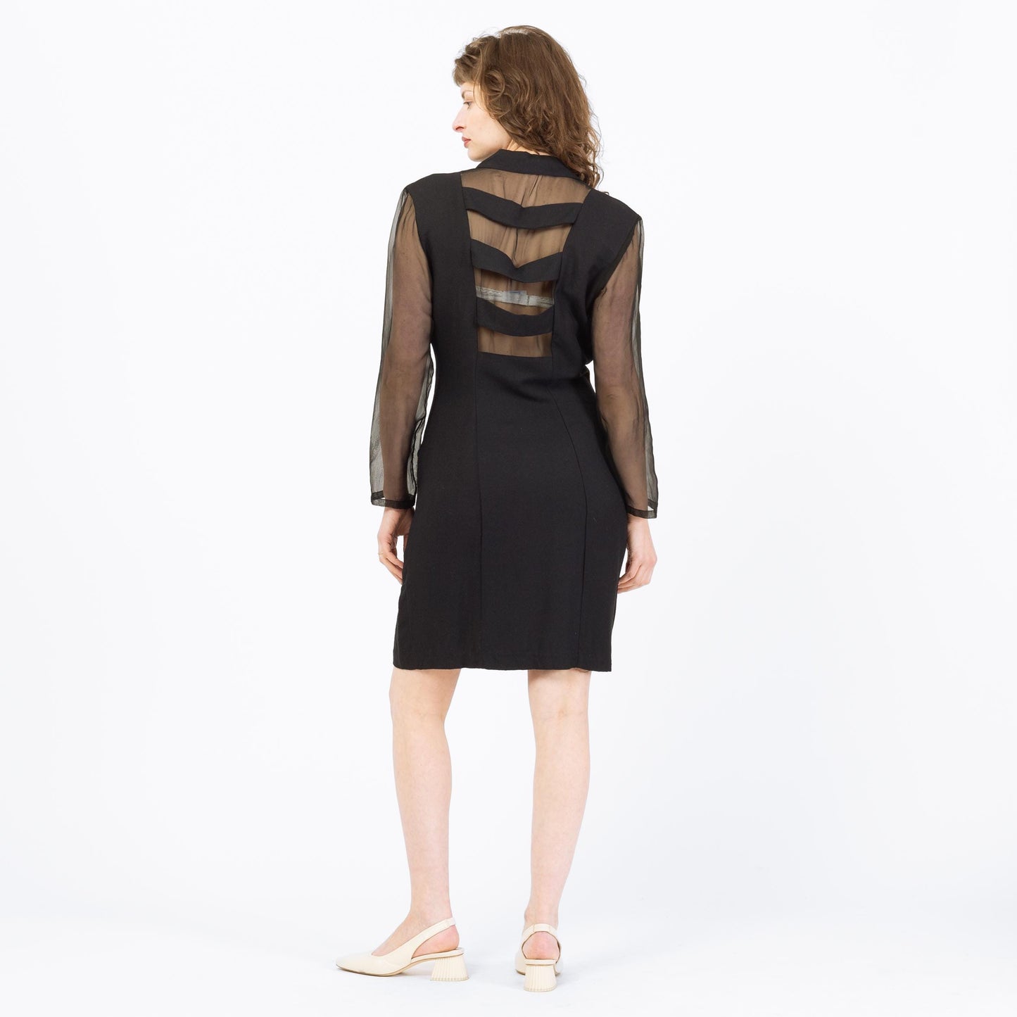 Vintage 80s Black Sheer Sleeve Keyhole Back Mini Dress - Medium | Power Suit Secretary Dress