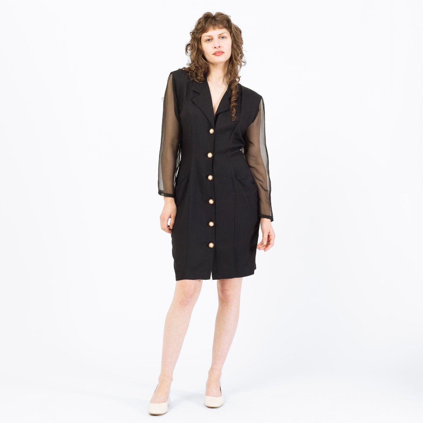 Vintage 80s Black Sheer Sleeve Keyhole Back Mini Dress - Medium | Power Suit Secretary Dress