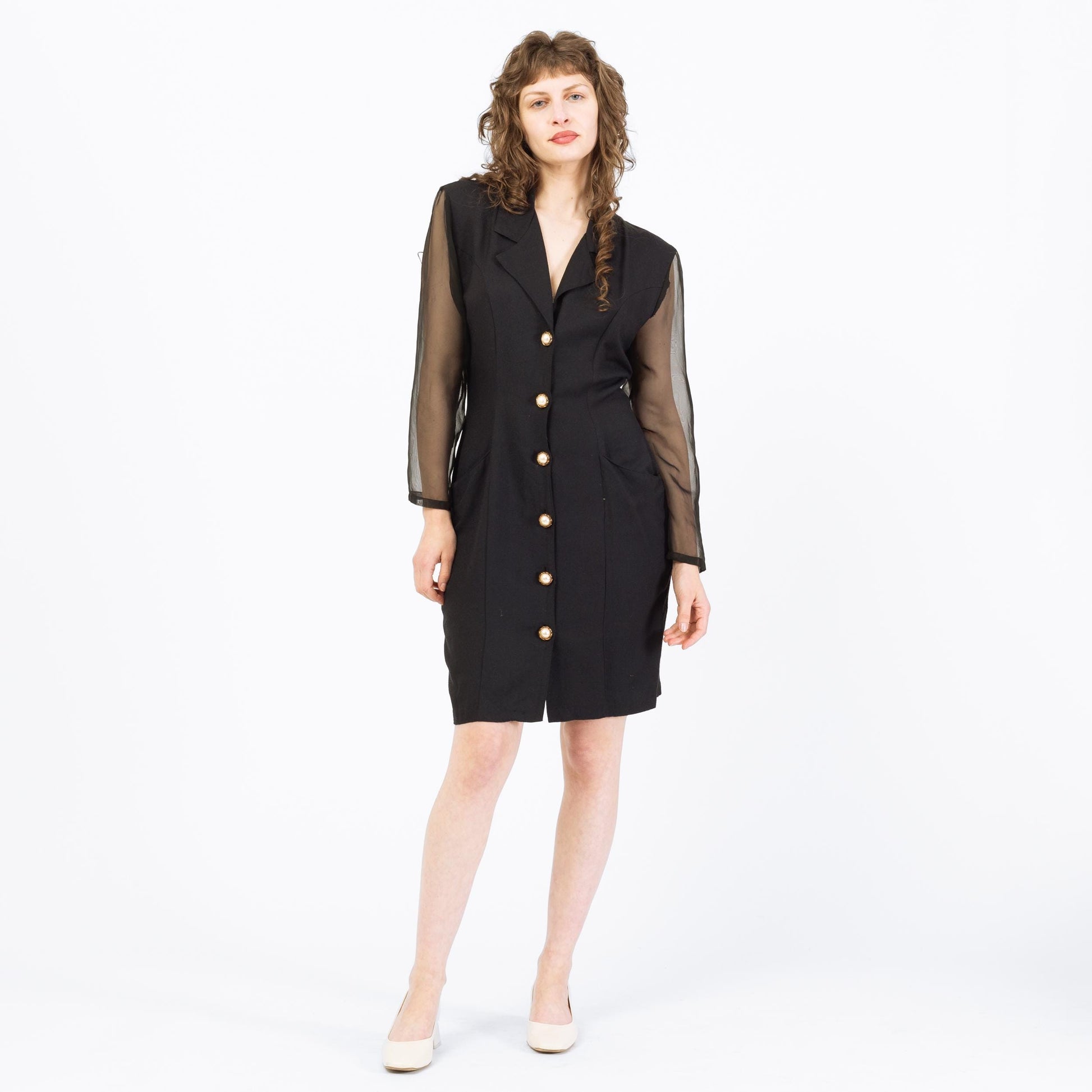 Vintage 80s Black Sheer Sleeve Keyhole Back Mini Dress - Medium | Power Suit Secretary Dress