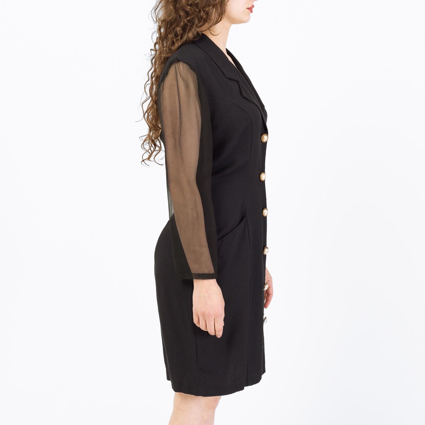 Vintage 80s Black Sheer Sleeve Keyhole Back Mini Dress - Medium | Power Suit Secretary Dress