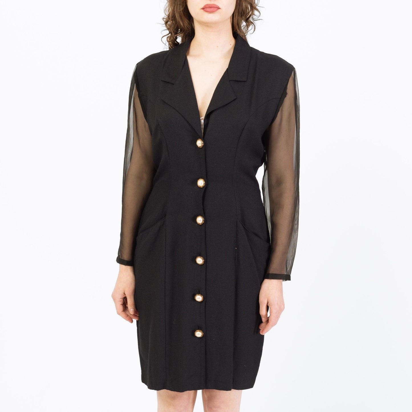 Vintage 80s Black Sheer Sleeve Keyhole Back Mini Dress - Medium | Power Suit Secretary Dress
