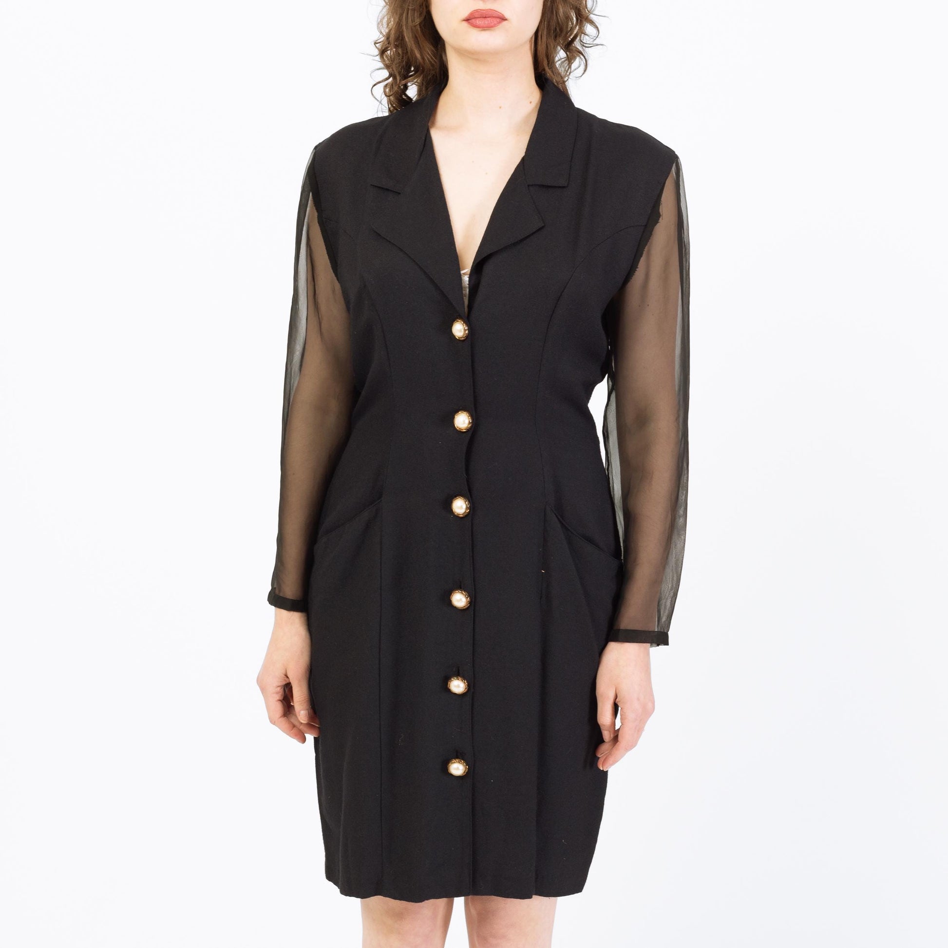 Vintage 80s Black Sheer Sleeve Keyhole Back Mini Dress - Medium | Power Suit Secretary Dress