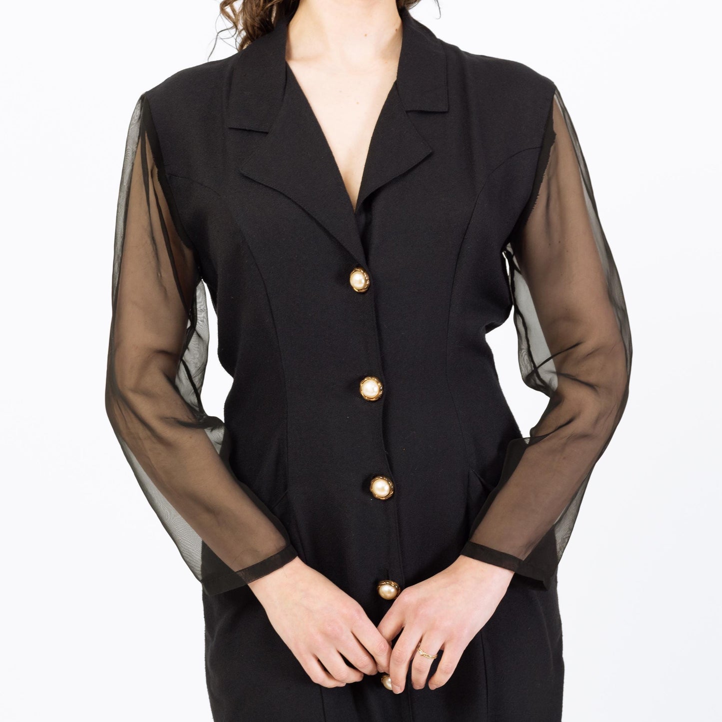 Vintage 80s Black Sheer Sleeve Keyhole Back Mini Dress - Medium | Power Suit Secretary Dress