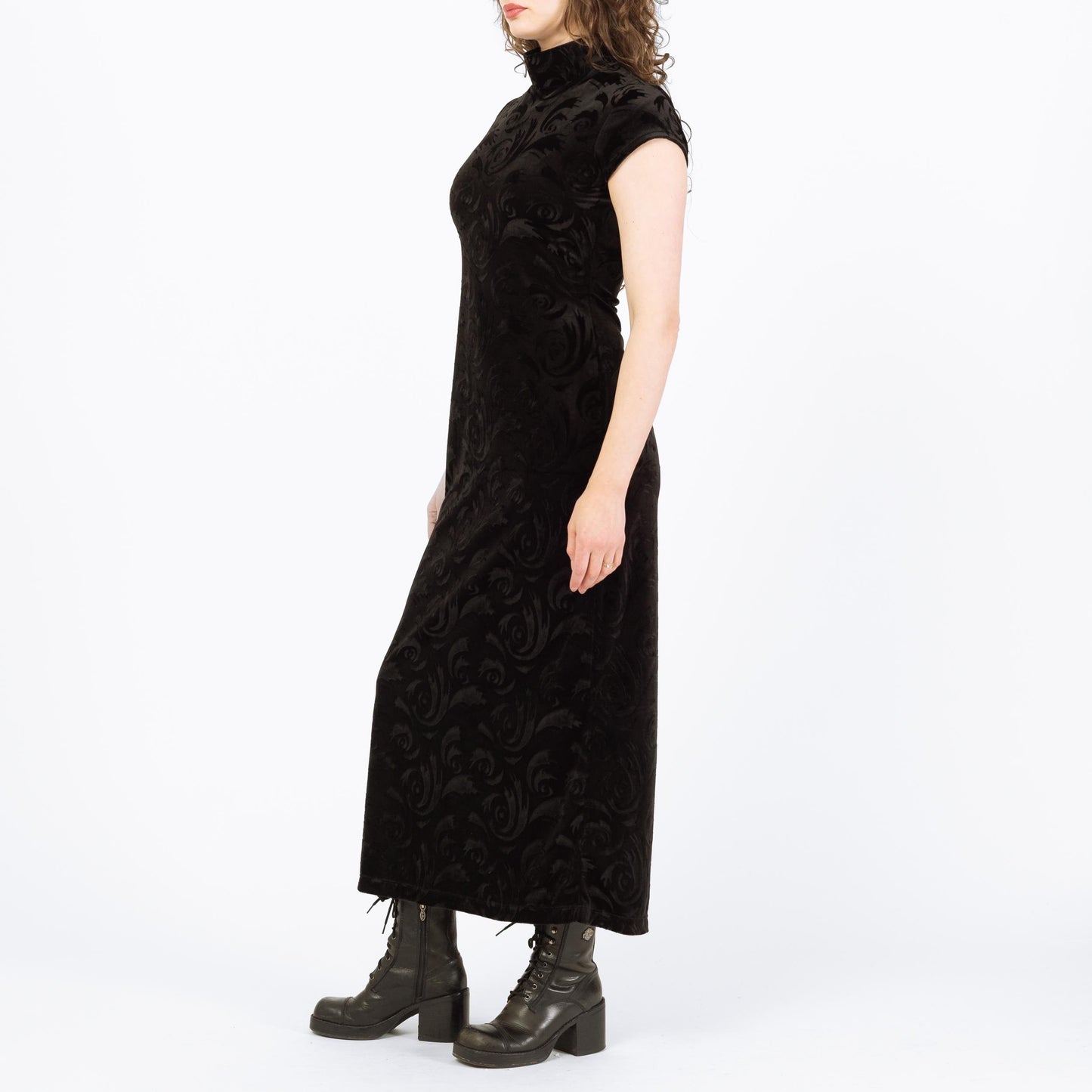 Vintage 90s Black Velvet Hurricane Swirl Maxi Dress - Medium | Gothic Mockneck Short Sleeve Formal Dress
