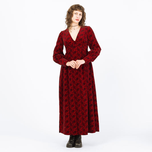 Vintage 70s Calderon Red & Black Paisley Velvet Maxi Dress - Medium | Gothic Mid Century Hostess Gown