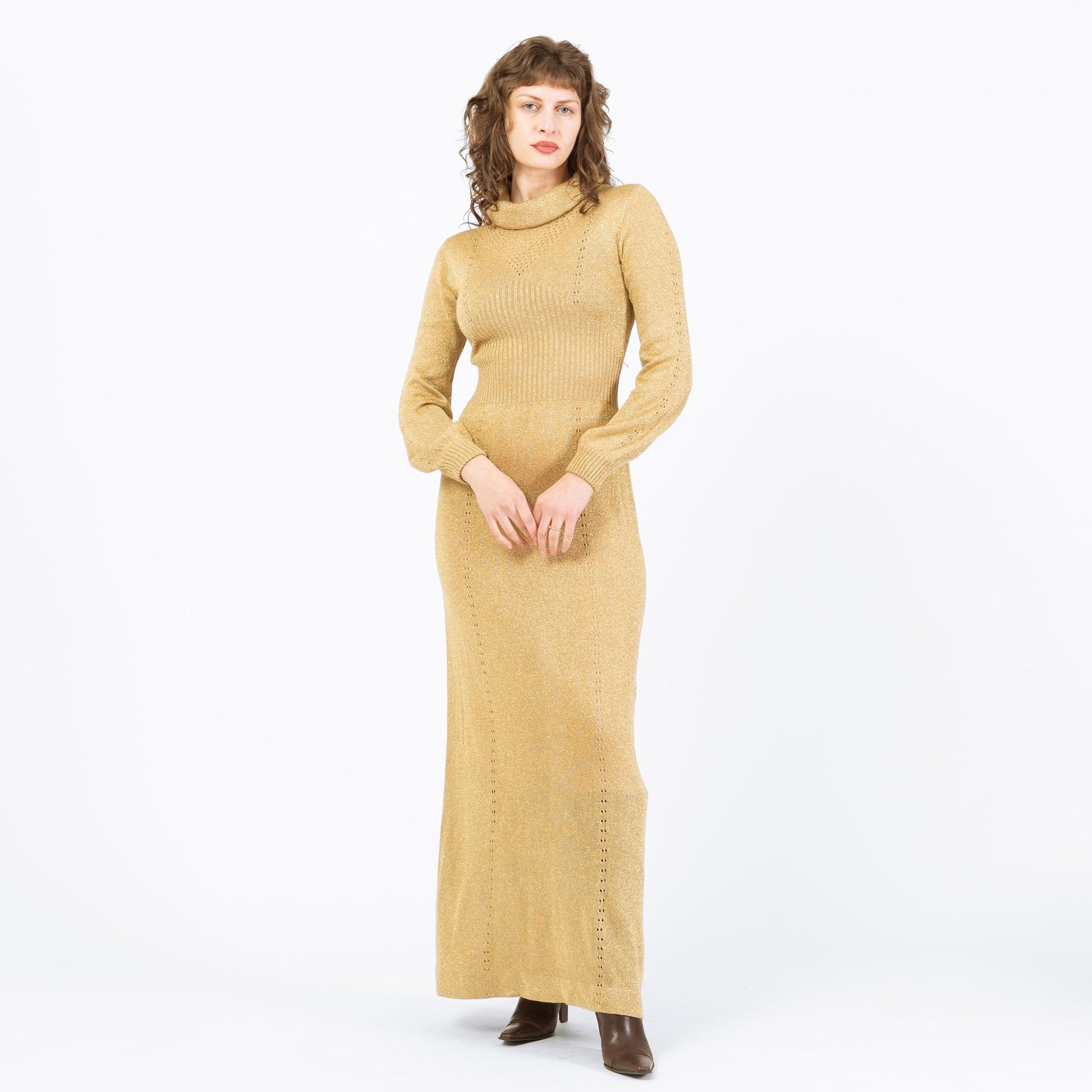 Vintage 70s Wenjilli Gold Lurex Maxi Dress - Medium | Long Sleeve Metallic Knit Formal Disco Gown