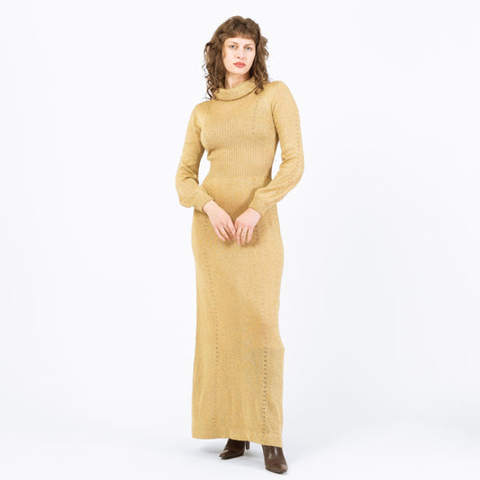 Vintage 70s Wenjilli Gold Lurex Maxi Dress - Medium | Long Sleeve Metallic Knit Formal Disco Gown