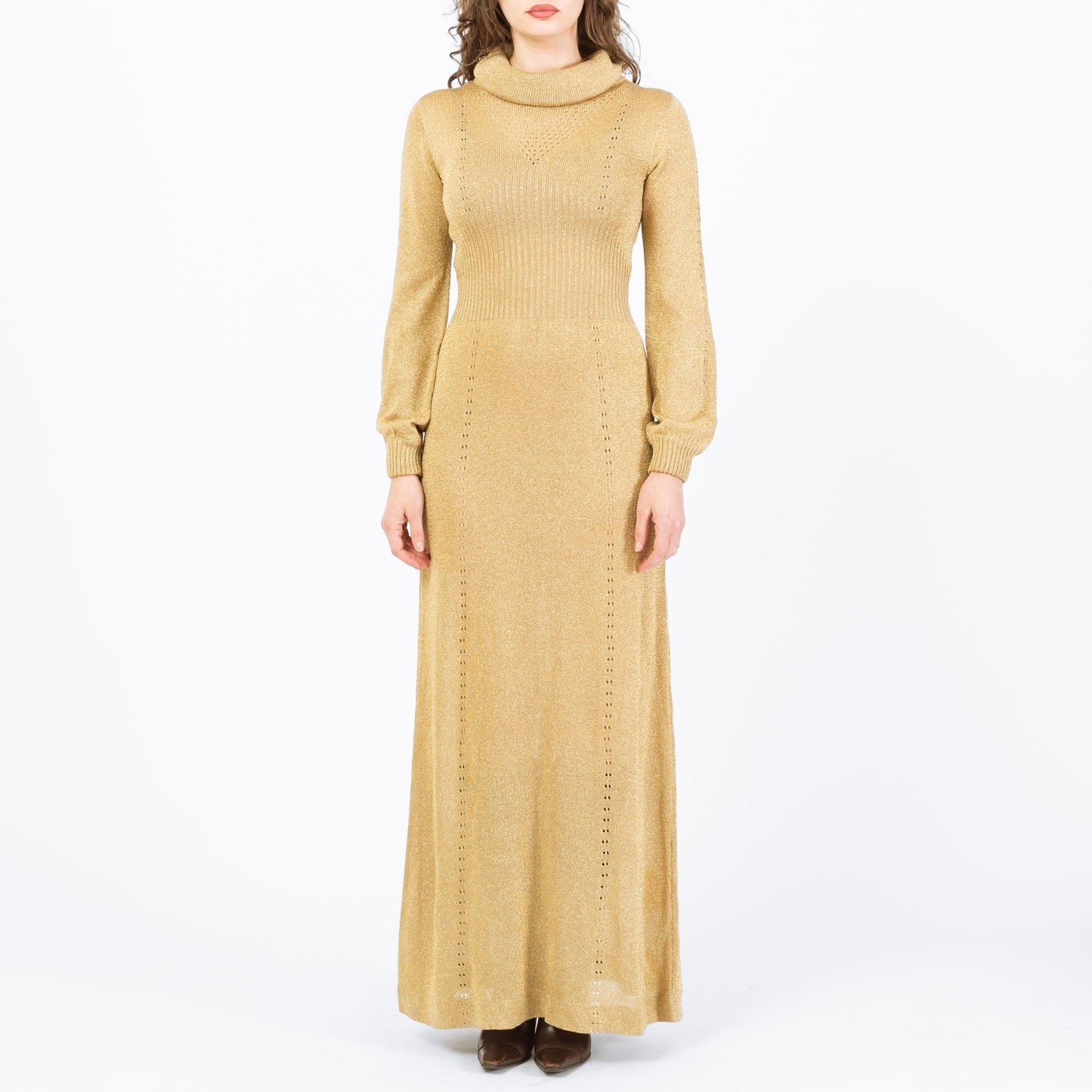 Vintage 70s Wenjilli Gold Lurex Maxi Dress - Medium | Long Sleeve Metallic Knit Formal Disco Gown