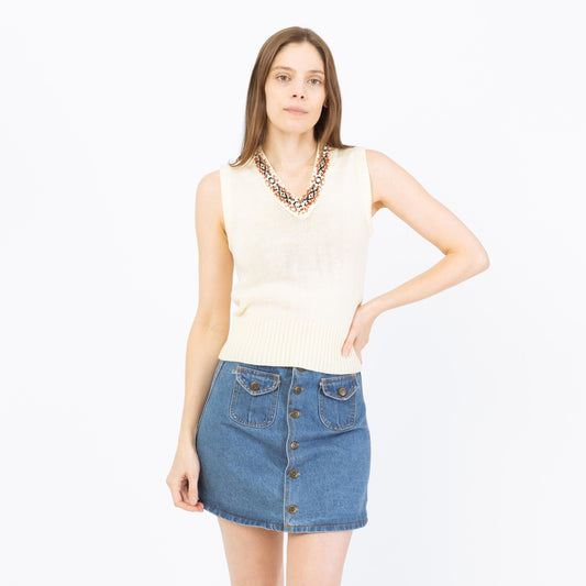 Vintage 70s Southwestern Knit Sweater Vest - Small | Boho Cream Sleeveless Top