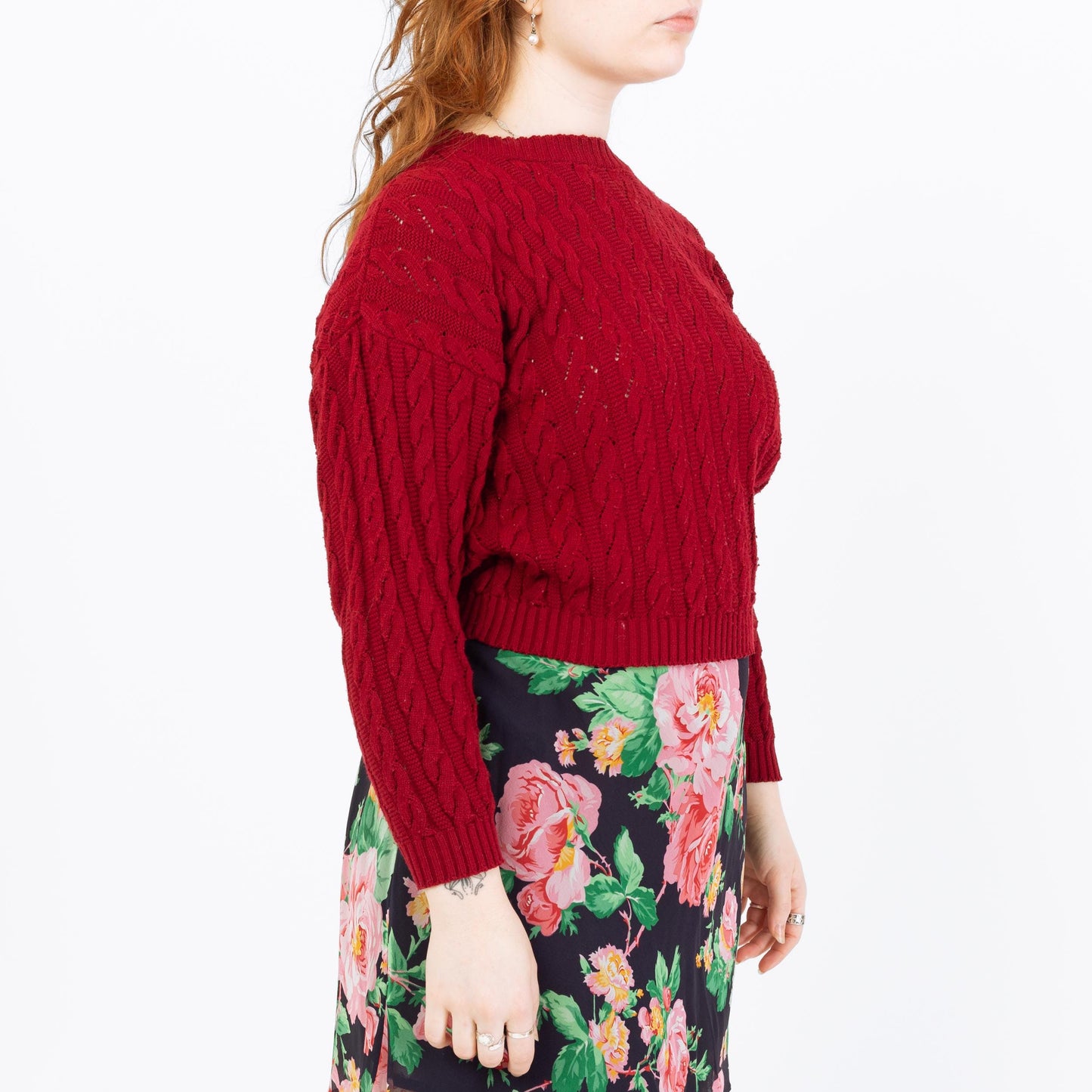 Vintage 90s Wine Red Cable Knit Cropped Sweater - Large | Maroon Open Weave Boatneck Pullover