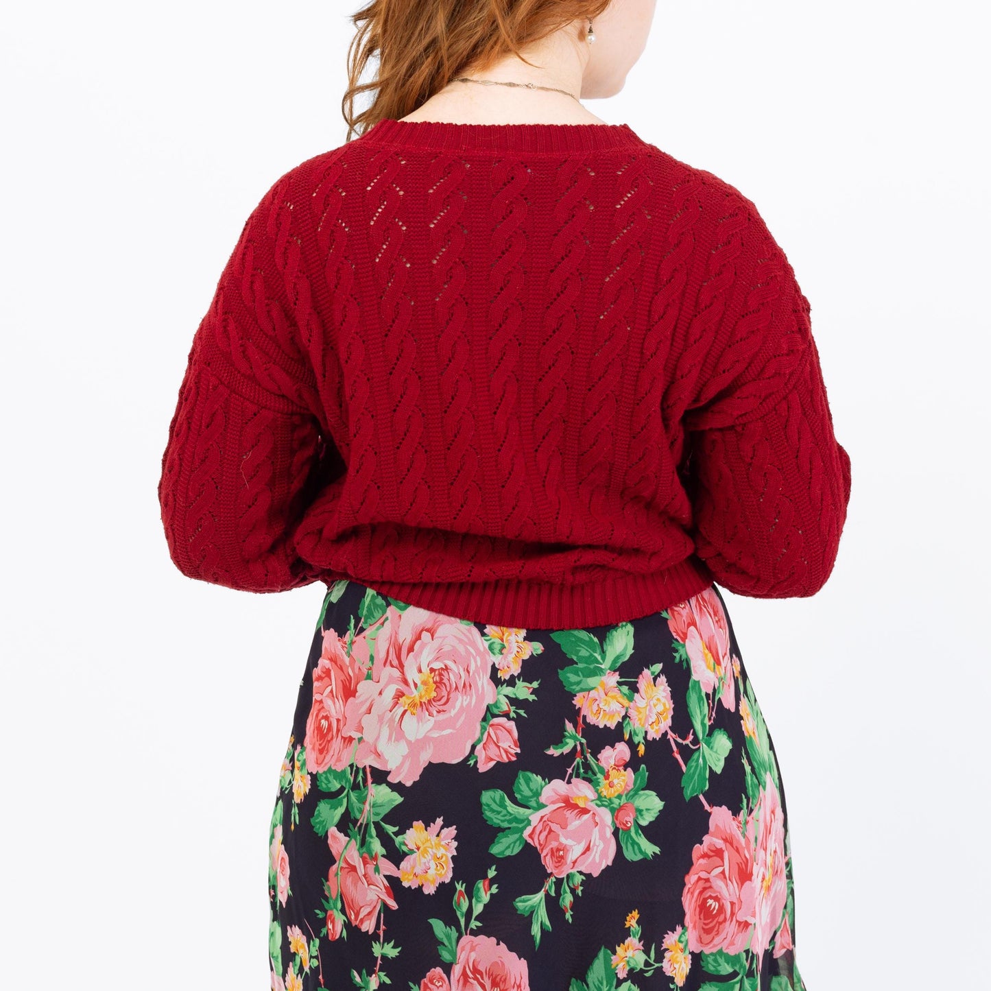 Vintage 90s Wine Red Cable Knit Cropped Sweater - Large | Maroon Open Weave Boatneck Pullover