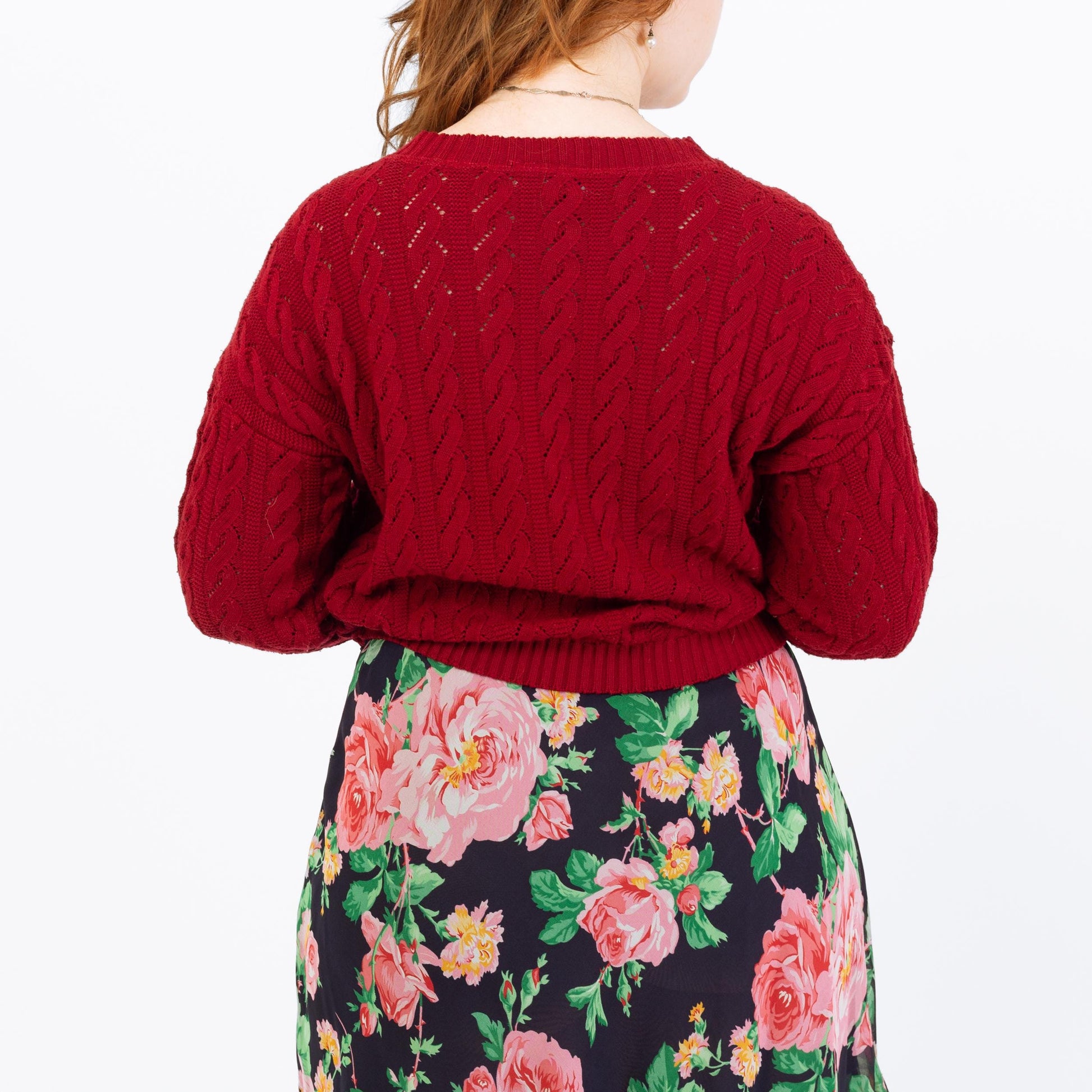 Vintage 90s Wine Red Cable Knit Cropped Sweater - Large | Maroon Open Weave Boatneck Pullover