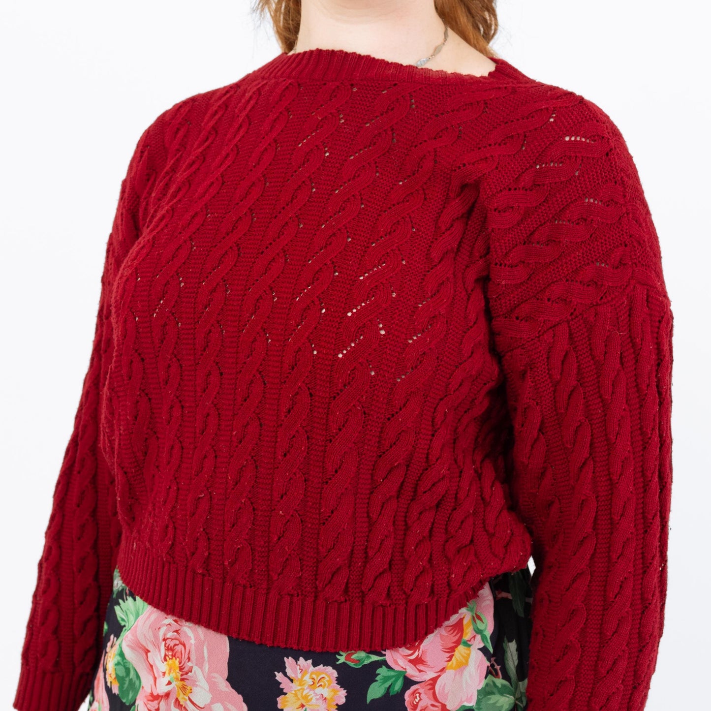 Vintage 90s Wine Red Cable Knit Cropped Sweater - Large | Maroon Open Weave Boatneck Pullover