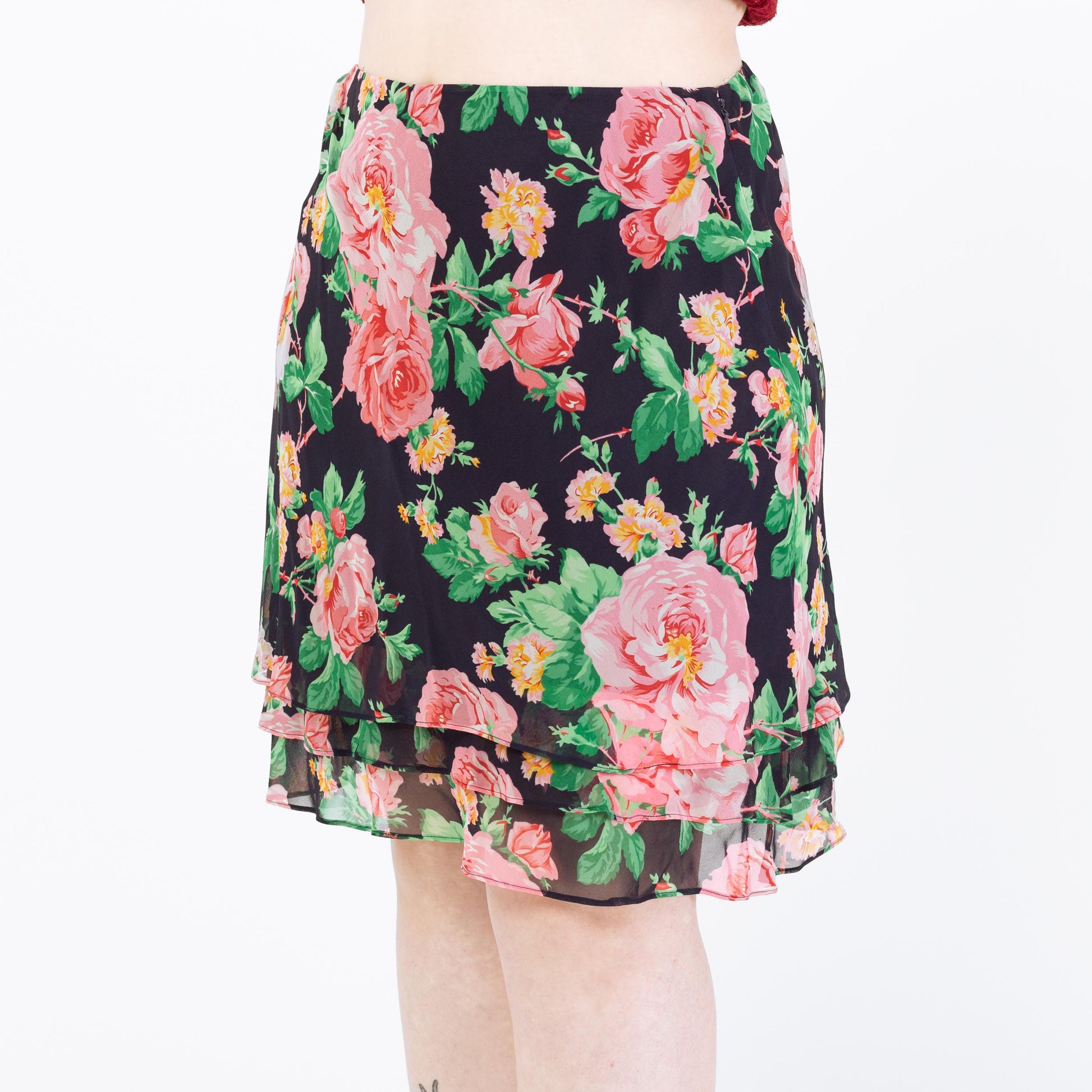 Vintage 90s Ralph Lauren Silk Floral Skirt – Large | Navy Blue Knee Length Mini Skirt