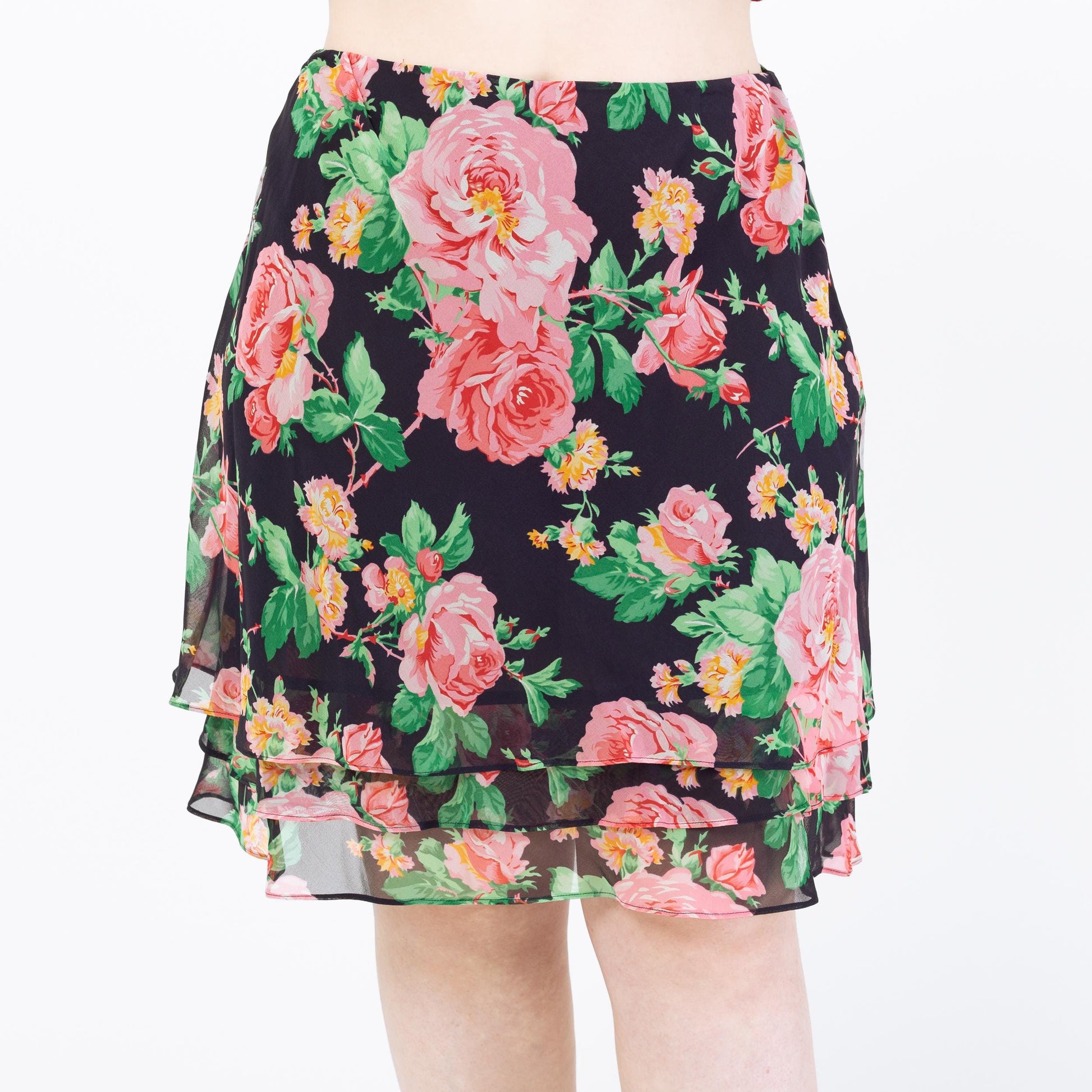 Vintage 90s Ralph Lauren Silk Floral Skirt – Large | Navy Blue Knee Length Mini Skirt