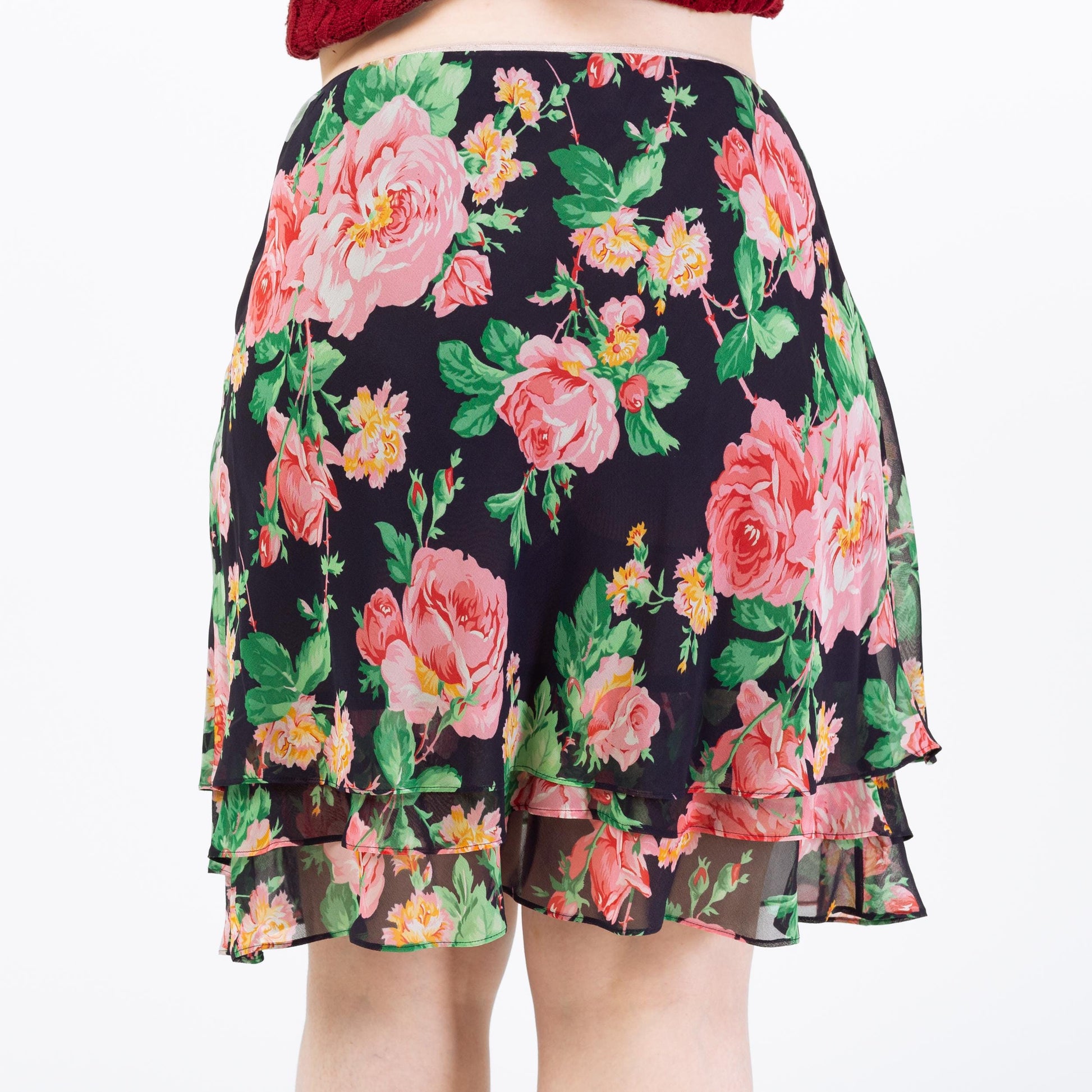 Vintage 90s Ralph Lauren Silk Floral Skirt – Large | Navy Blue Knee Length Mini Skirt