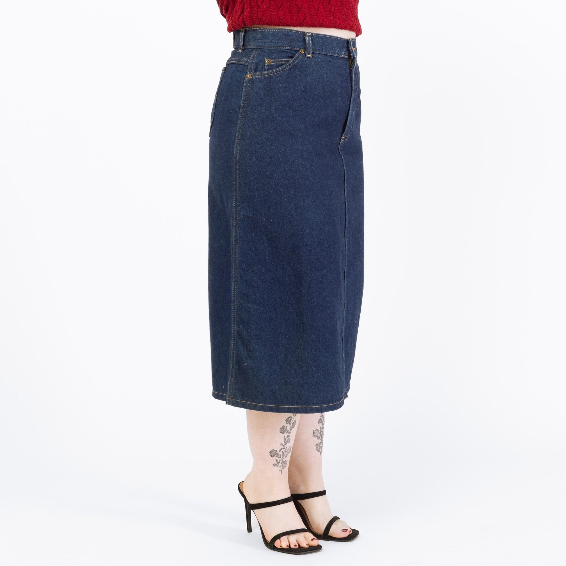 Vintage 90s Lee Denim Midi Skirt - Large, 32" Waist | High Waisted Dark Wash Jean Skirt