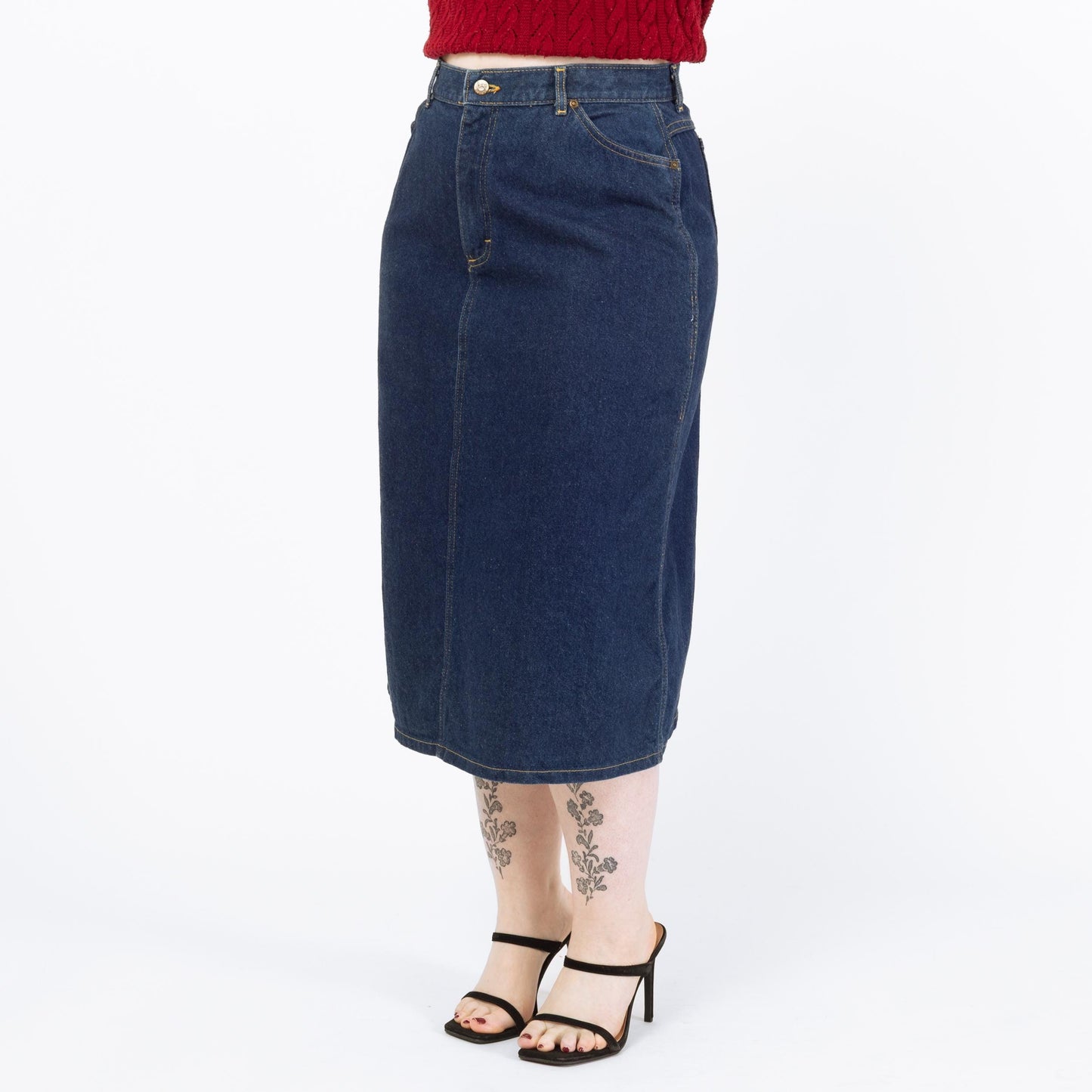 Vintage 90s Lee Denim Midi Skirt - Large, 32" Waist | High Waisted Dark Wash Jean Skirt