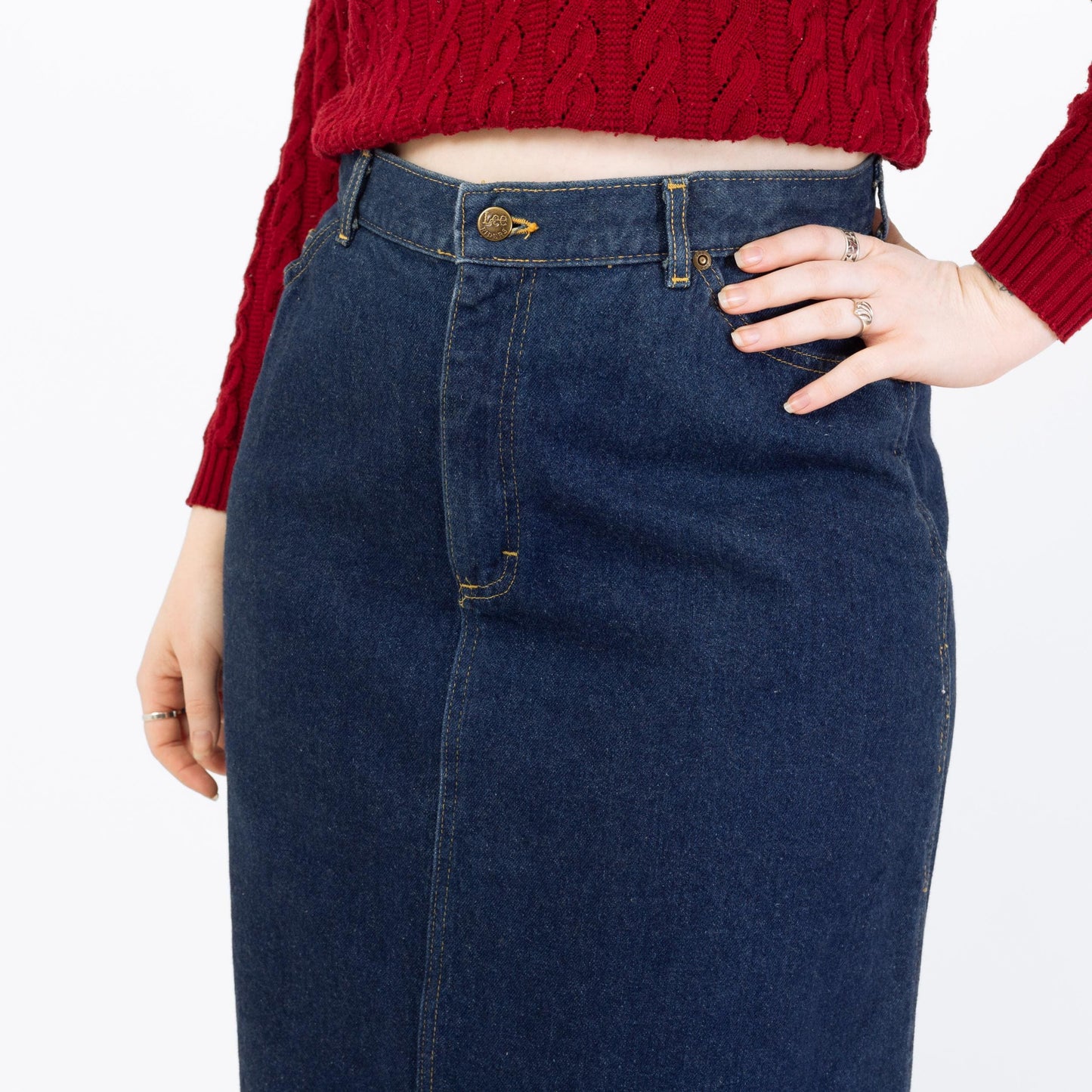 Vintage 90s Lee Denim Midi Skirt - Large, 32" Waist | High Waisted Dark Wash Jean Skirt