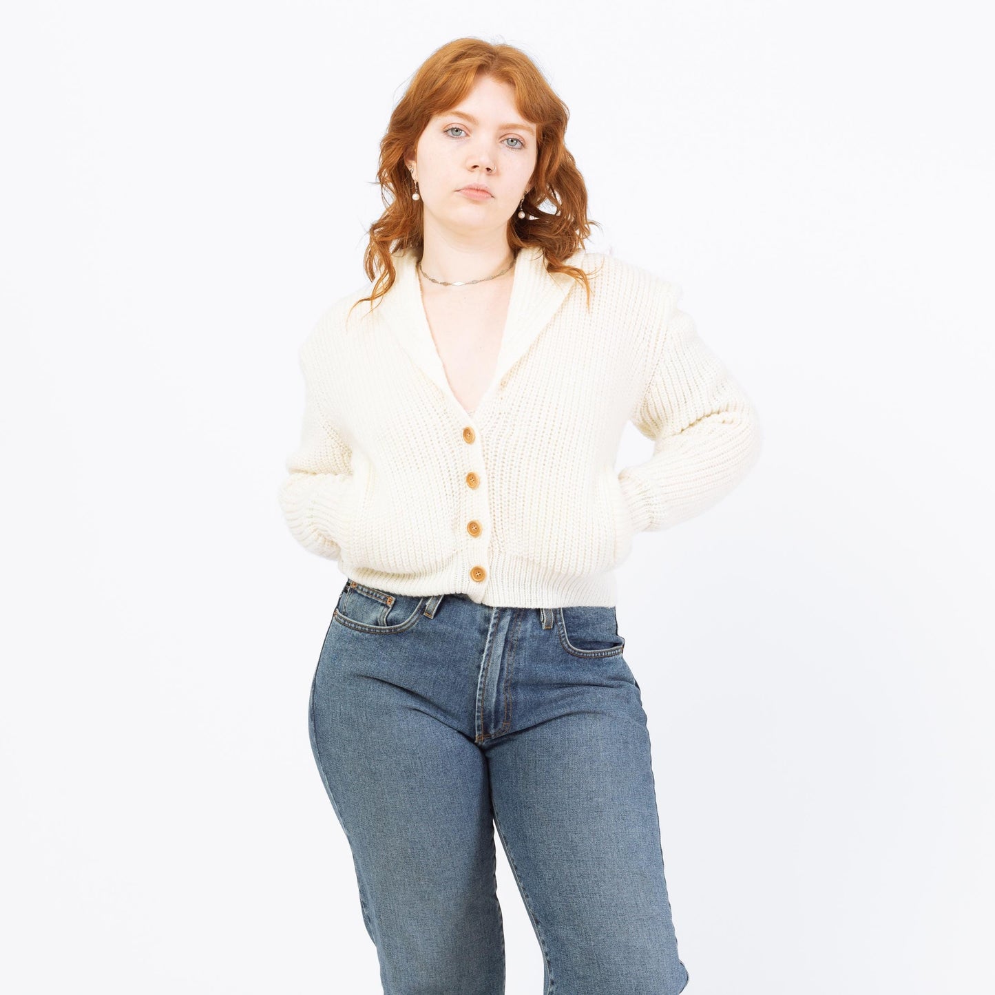Vintage 80s White Cropped Shawl Collar Cardigan - Large | Chunky Knit Button Up Sweater