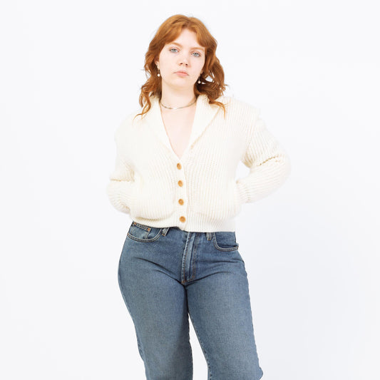 Vintage 80s White Cropped Shawl Collar Cardigan - Large | Chunky Knit Button Up Sweater