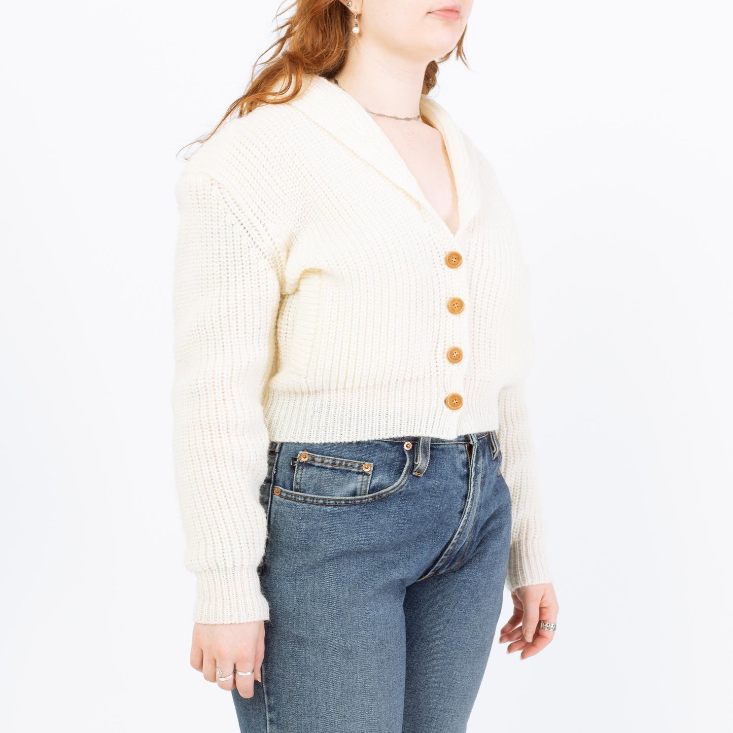 Vintage 80s White Cropped Shawl Collar Cardigan - Large | Chunky Knit Button Up Sweater