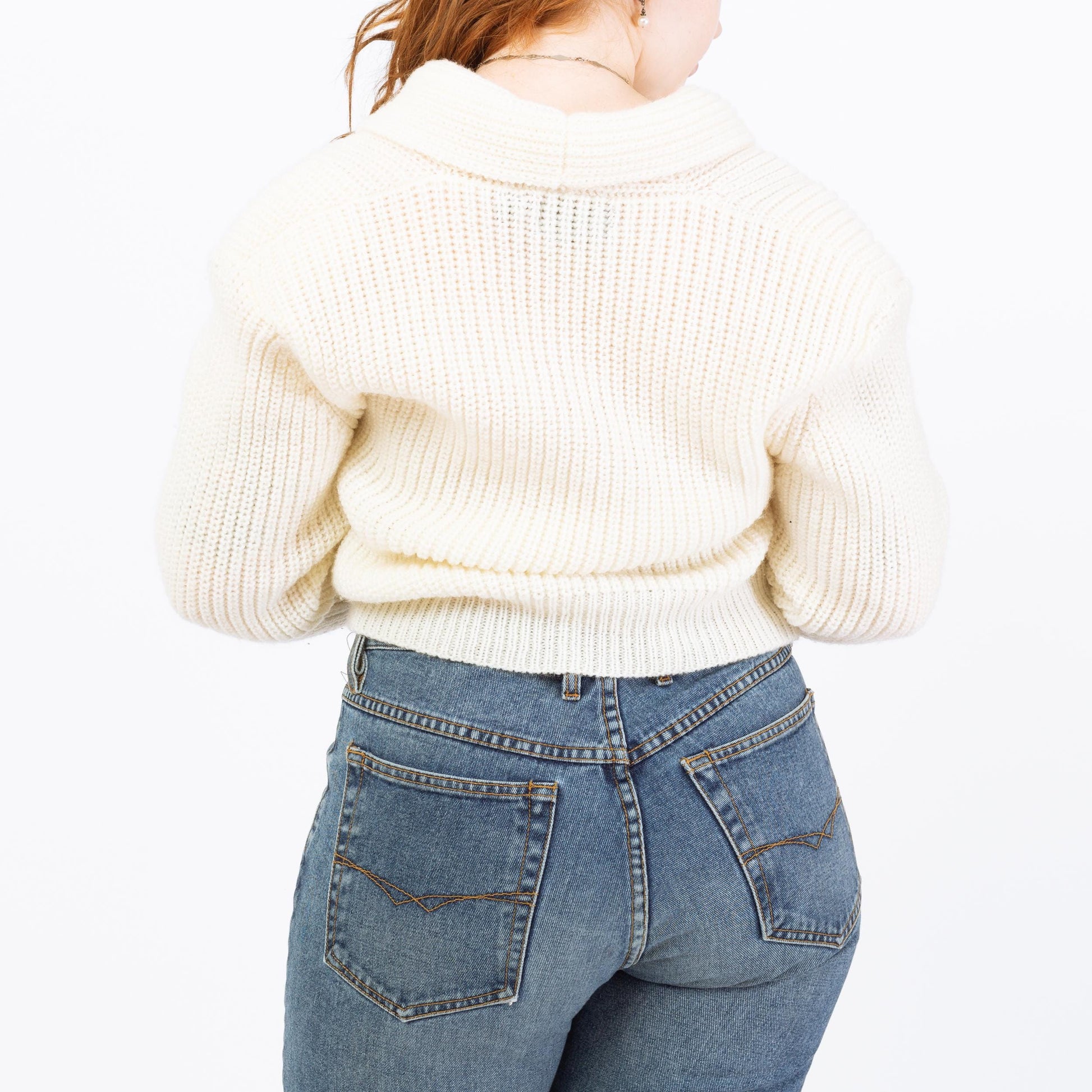 Vintage 80s White Cropped Shawl Collar Cardigan - Large | Chunky Knit Button Up Sweater