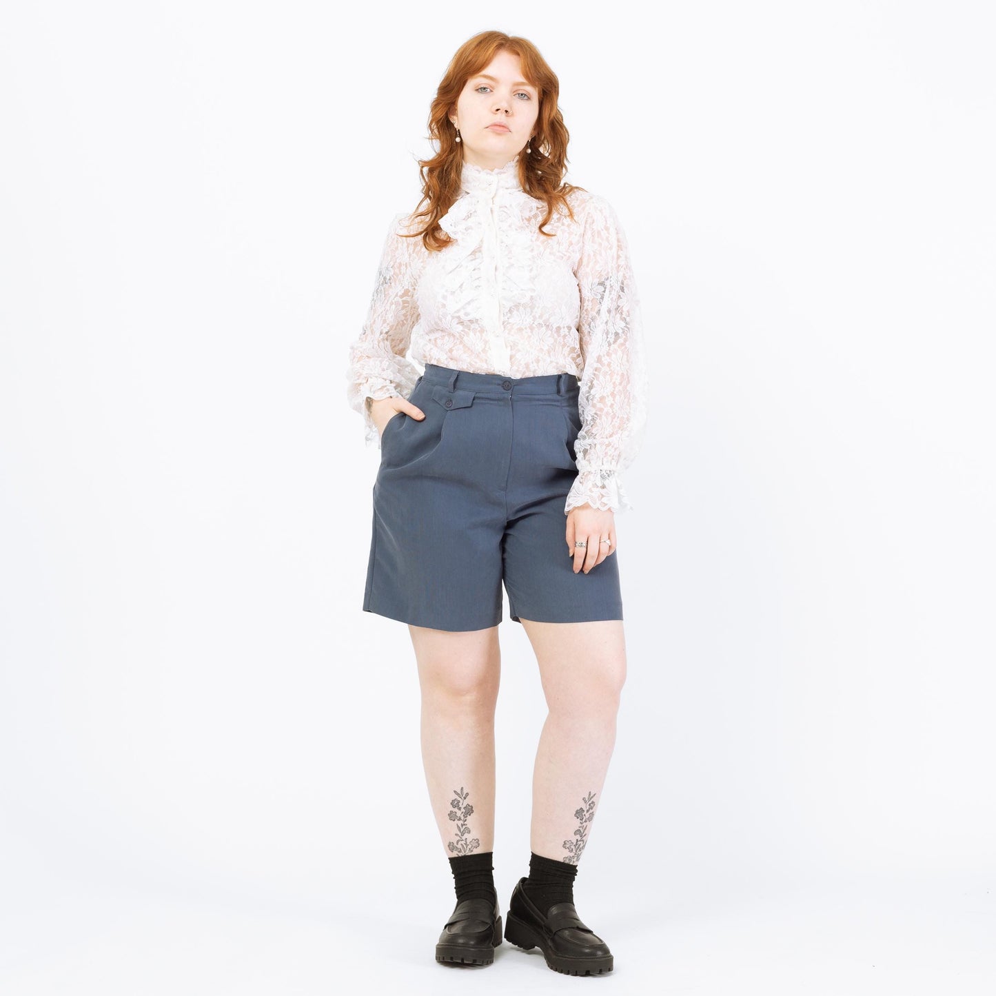 Vintage 90s Slate Blue Twill Trouser Shorts - Medium, 29"-30" Waist | High Waisted Pleated Shorts