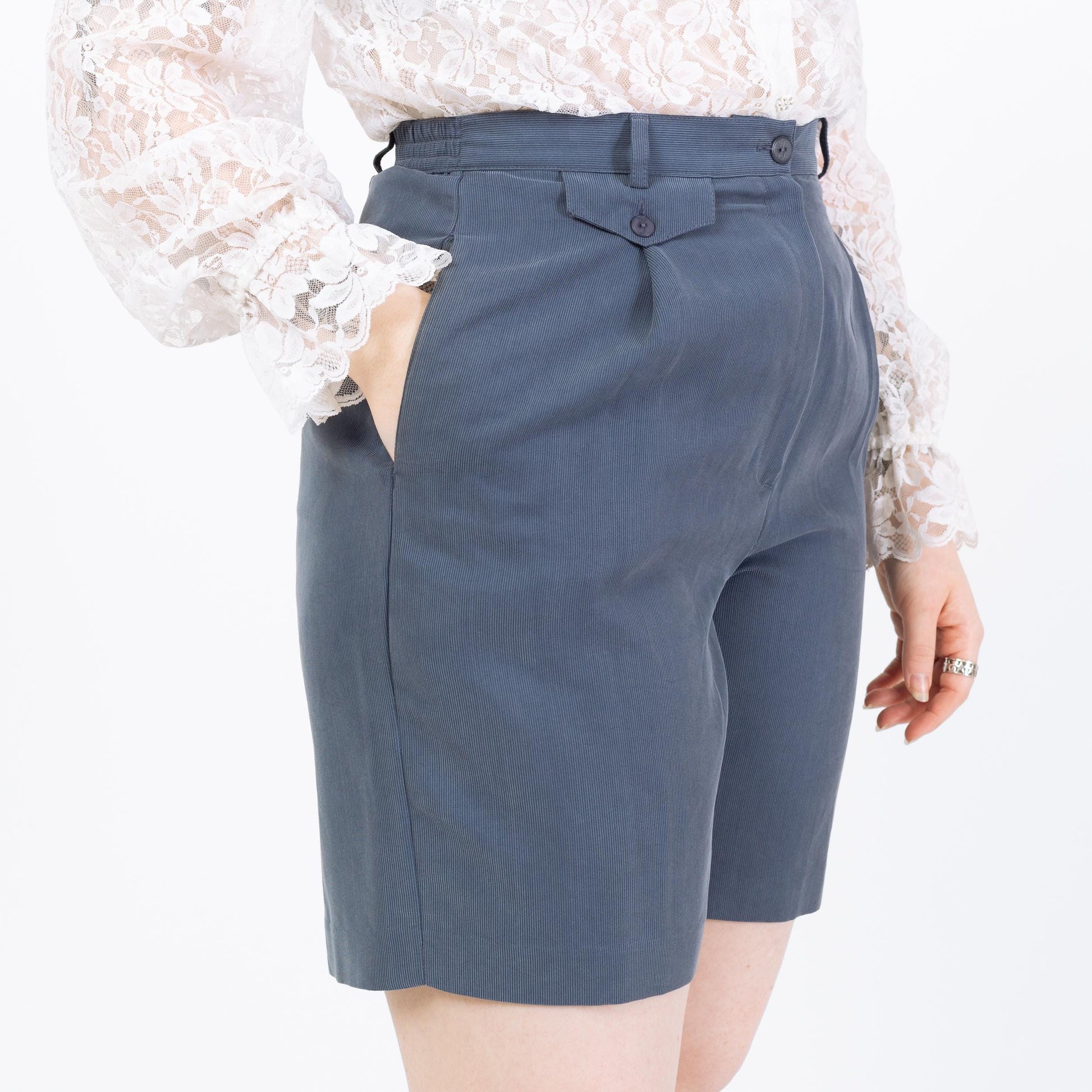 Vintage 90s Slate Blue Twill Trouser Shorts - Medium, 29"-30" Waist | High Waisted Pleated Shorts