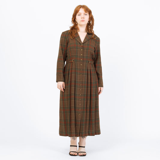Vintage 90s Brown Plaid Cinched Waist Maxi Shirtdress - Petite Large | Dark Academia Long Sleeve Dress