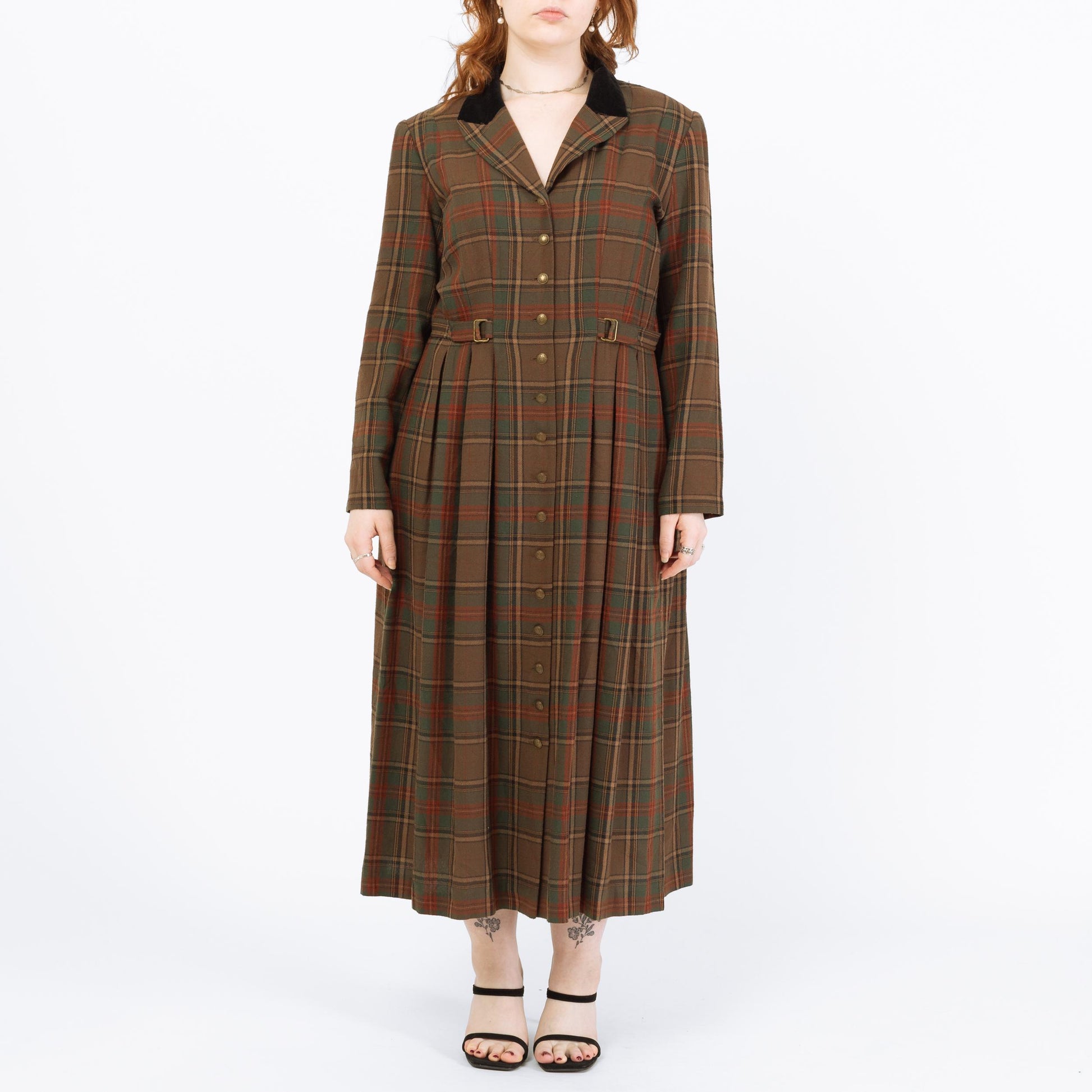 Vintage 90s Brown Plaid Cinched Waist Maxi Shirtdress - Petite Large | Dark Academia Long Sleeve Dress
