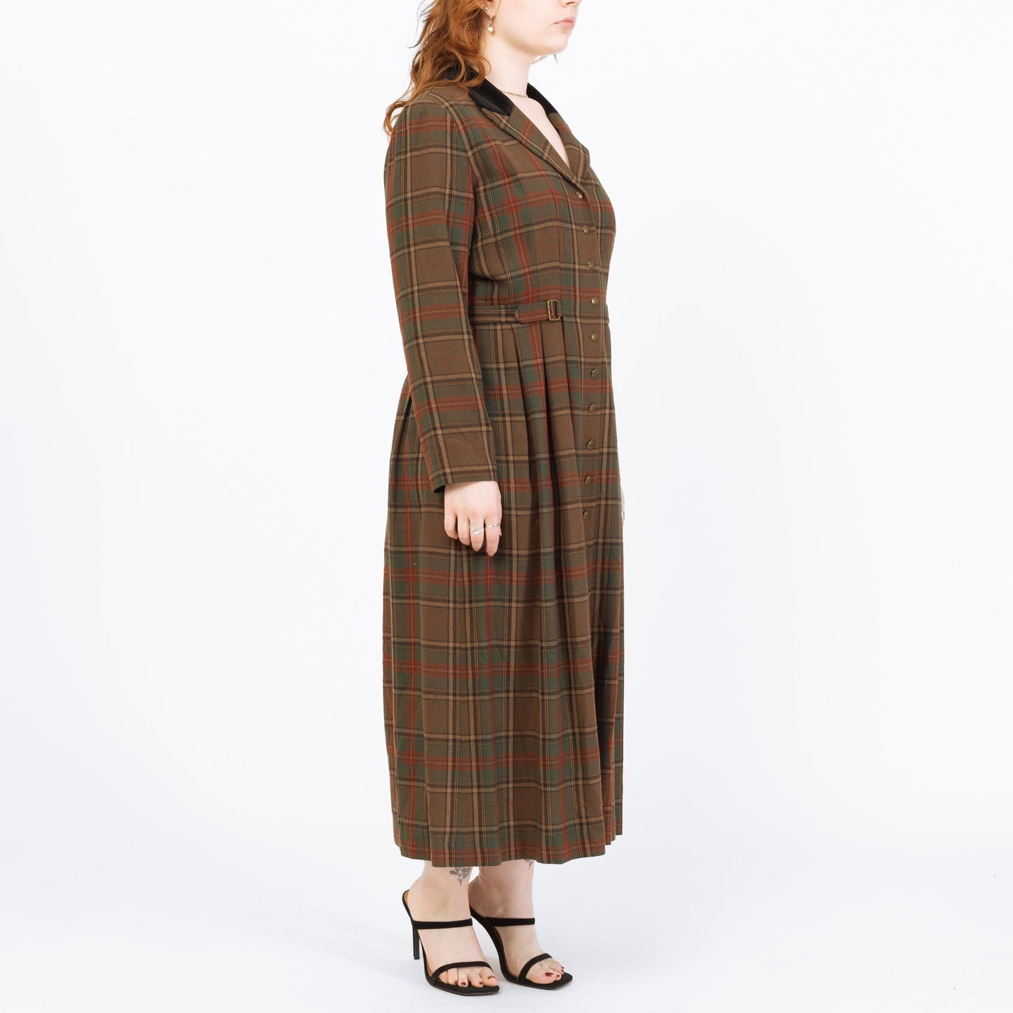Vintage 90s Brown Plaid Cinched Waist Maxi Shirtdress - Petite Large | Dark Academia Long Sleeve Dress