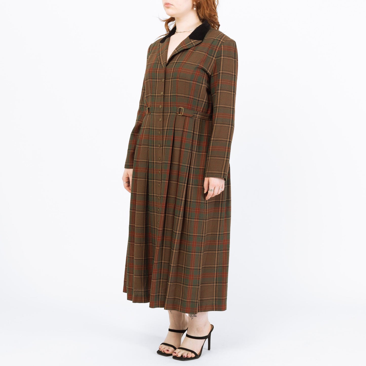 Vintage 90s Brown Plaid Cinched Waist Maxi Shirtdress - Petite Large | Dark Academia Long Sleeve Dress