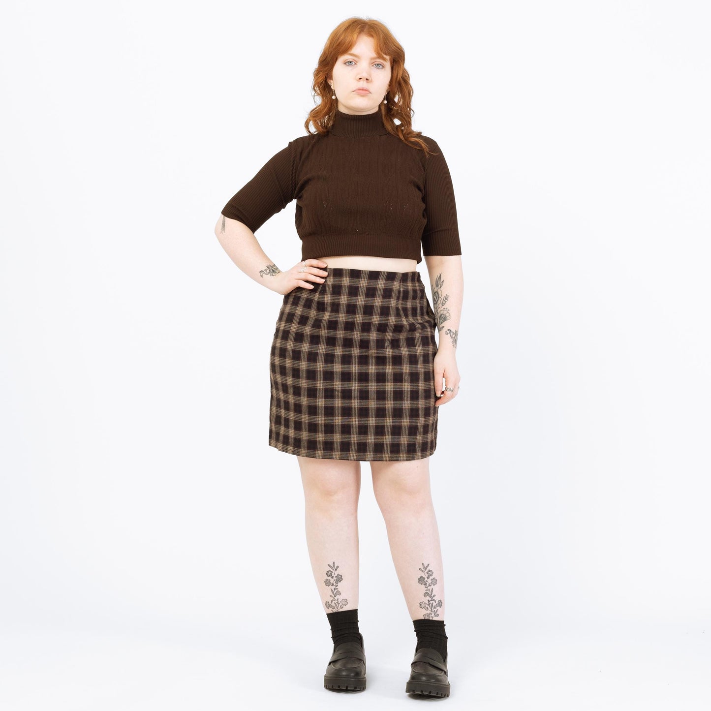 Vintage 90s Dark Brown Plaid Mini Skirt - Large, 32" Waist | High Waisted Grunge Schoolgirl Miniskirt