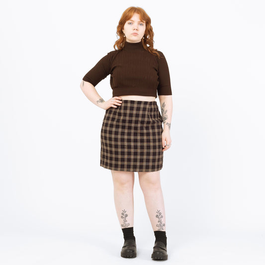 Vintage 90s Dark Brown Plaid Mini Skirt - Large, 32" Waist | High Waisted Grunge Schoolgirl Miniskirt