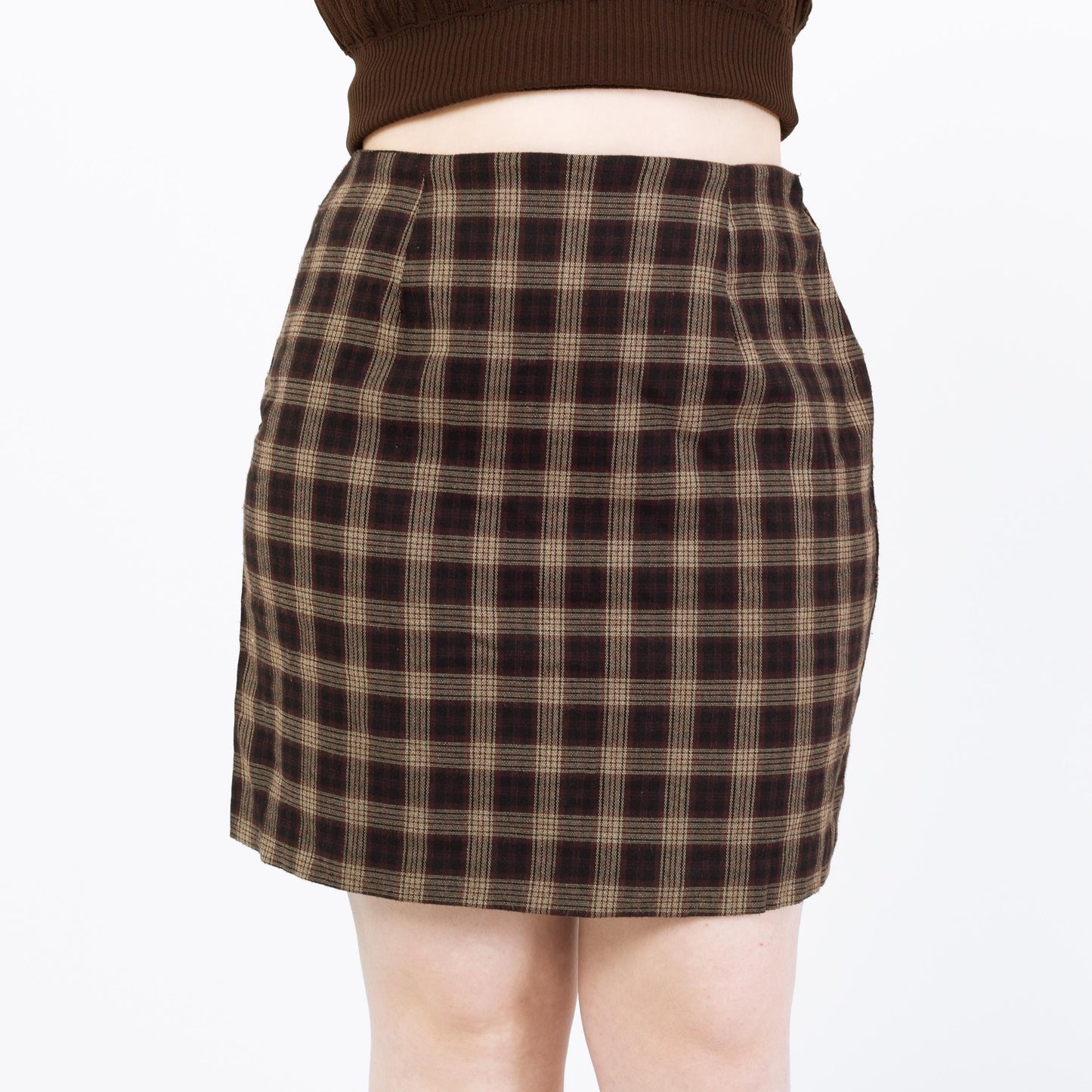 Vintage 90s Dark Brown Plaid Mini Skirt - Large, 32" Waist | High Waisted Grunge Schoolgirl Miniskirt
