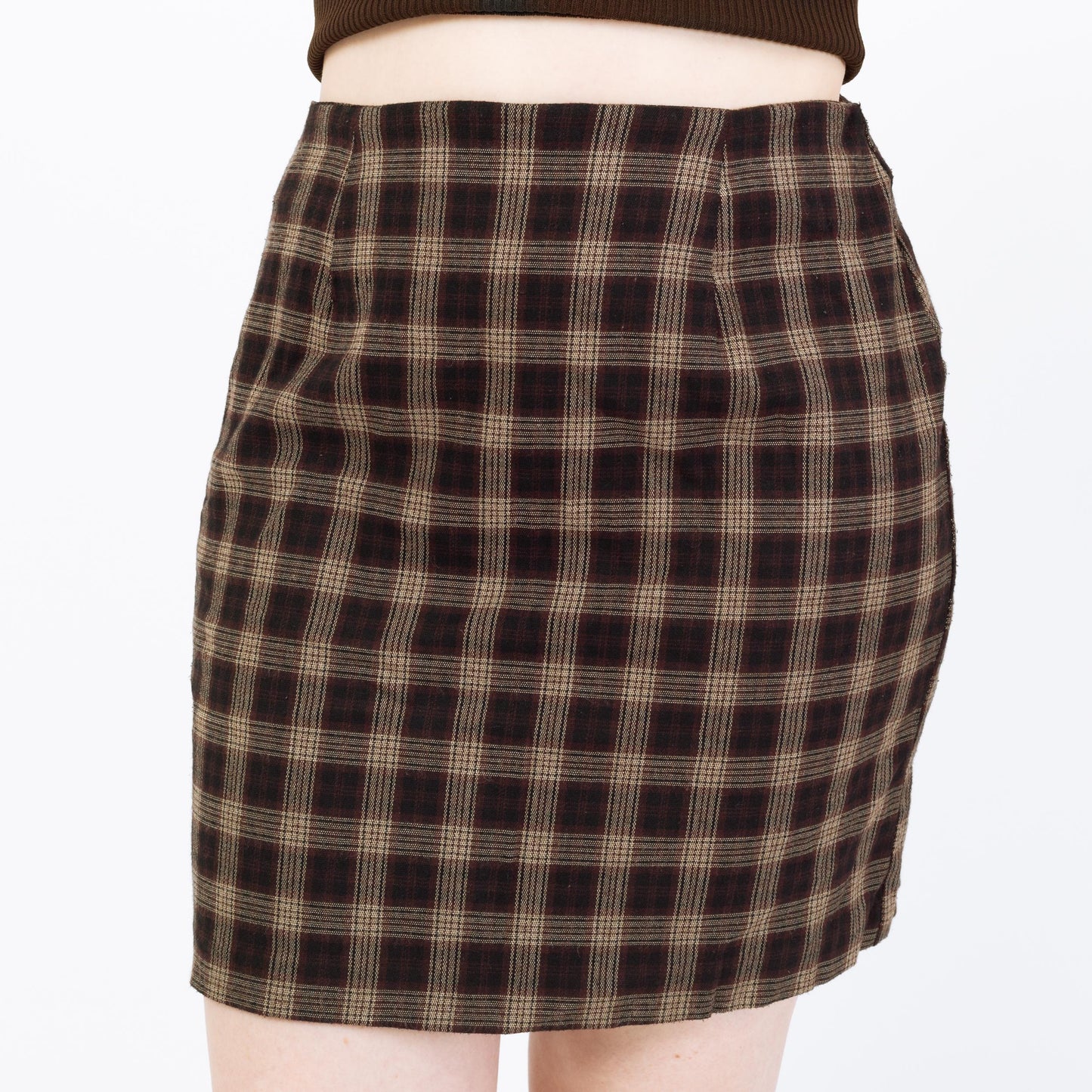 Vintage 90s Dark Brown Plaid Mini Skirt - Large, 32" Waist | High Waisted Grunge Schoolgirl Miniskirt