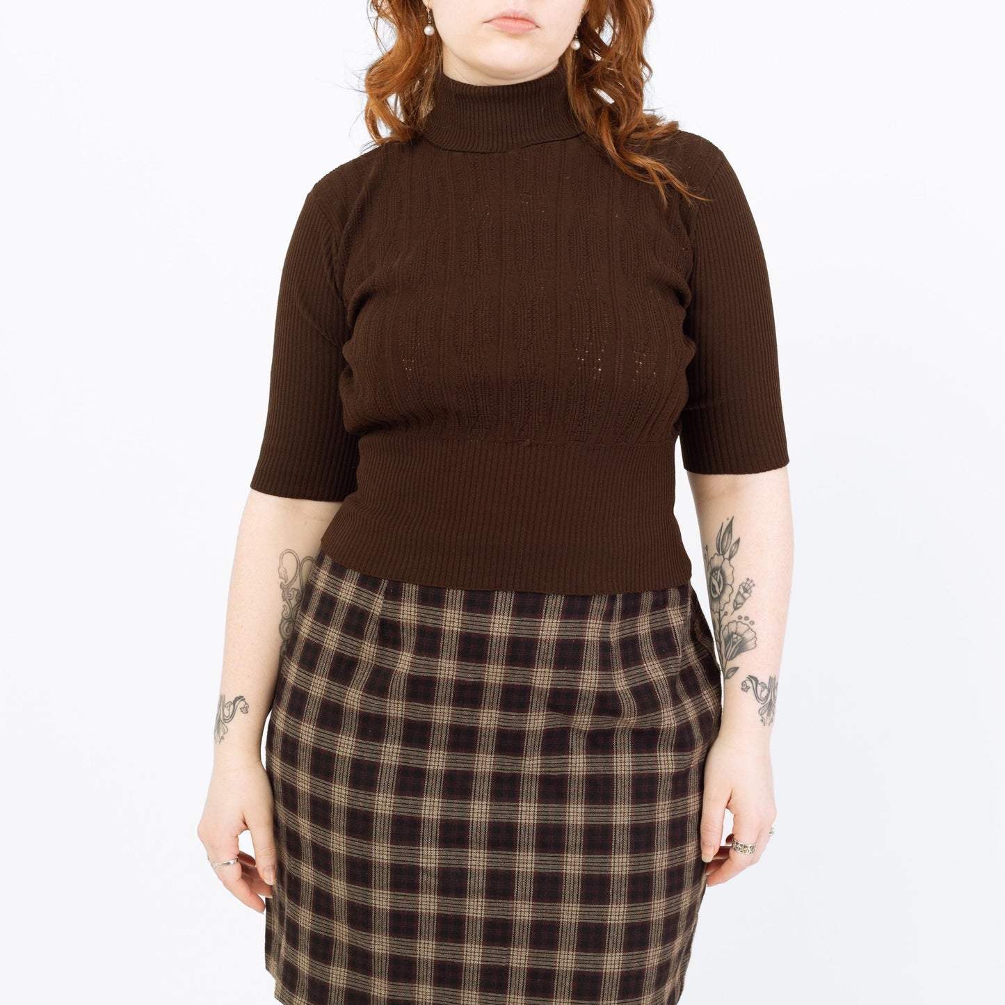 Vintage 70s Chocolate Brown Knit Crop Top - Large | Cable Knit Turtleneck Cuffed Sleeve Blouse
