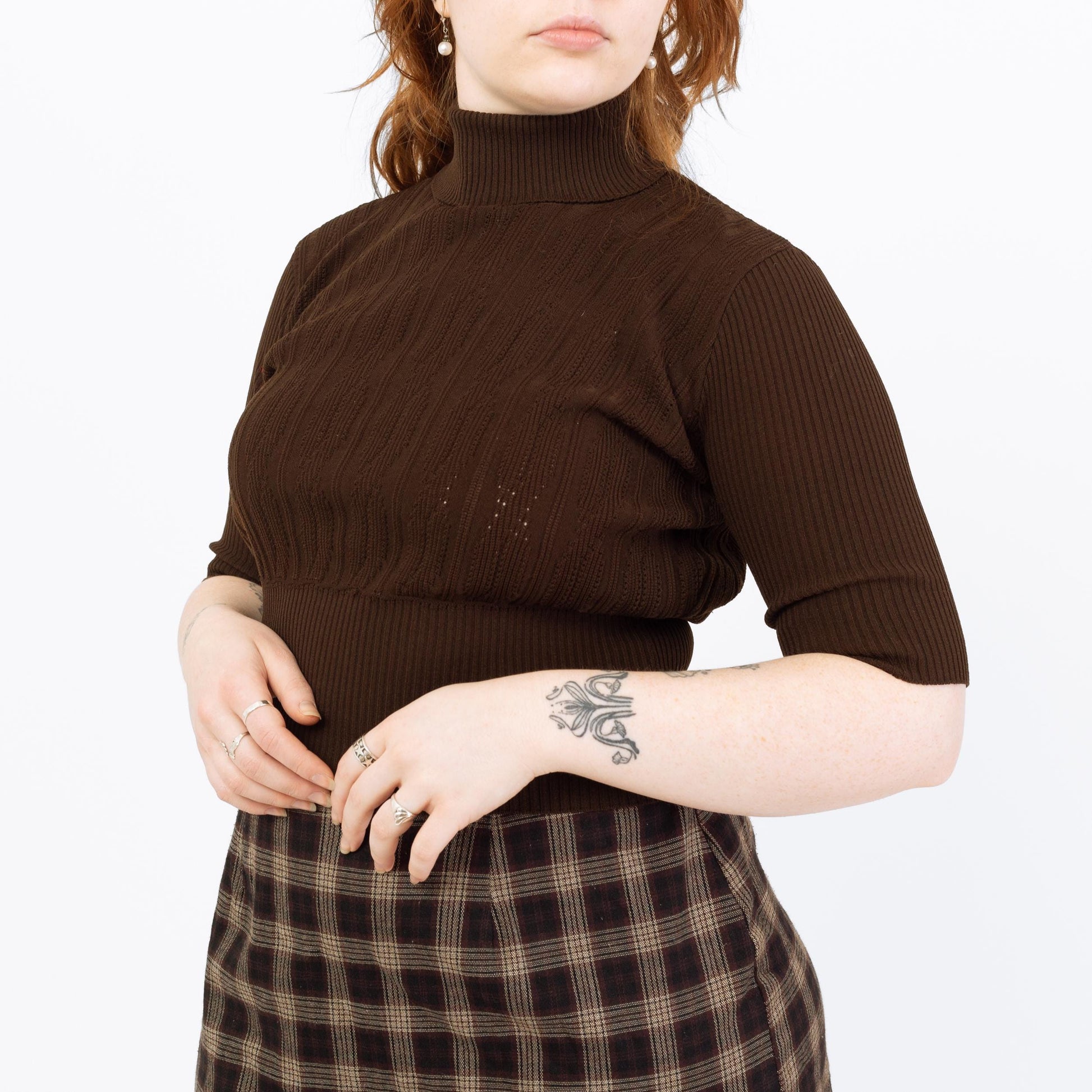 Vintage 70s Chocolate Brown Knit Crop Top - Large | Cable Knit Turtleneck Cuffed Sleeve Blouse