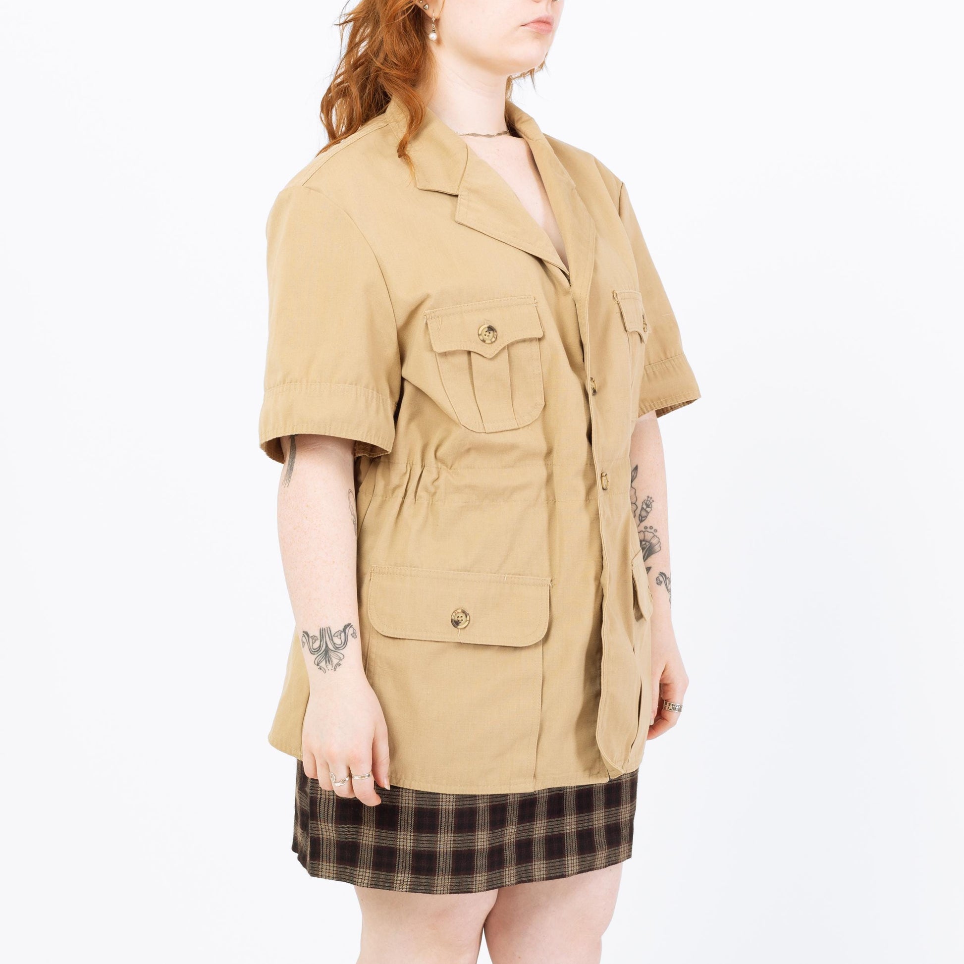 Vintage 70s Lee Khaki Safari Shirt - 1X | Short Sleeve Cinched Waist Button Up Shirt