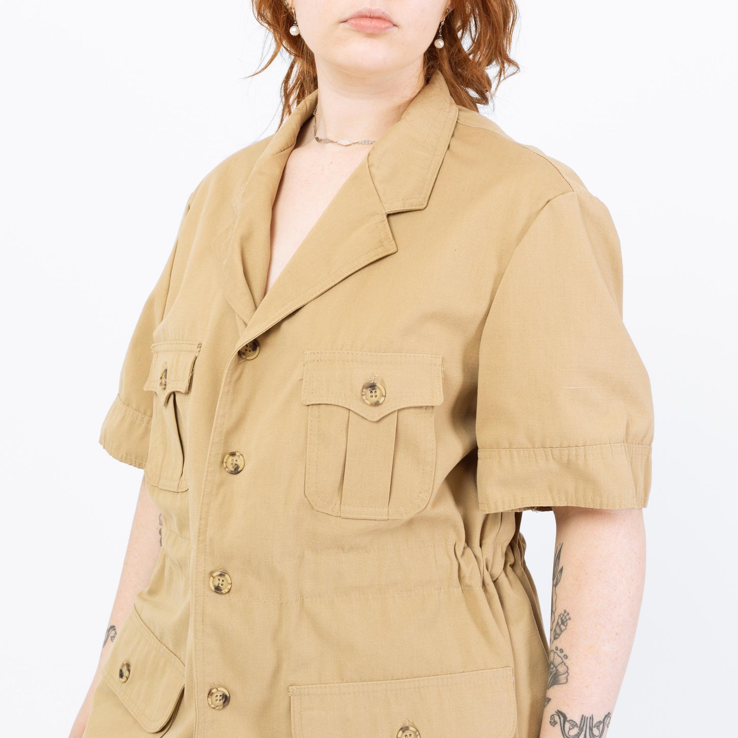 Vintage 70s Lee Khaki Safari Shirt - 1X | Short Sleeve Cinched Waist Button Up Shirt